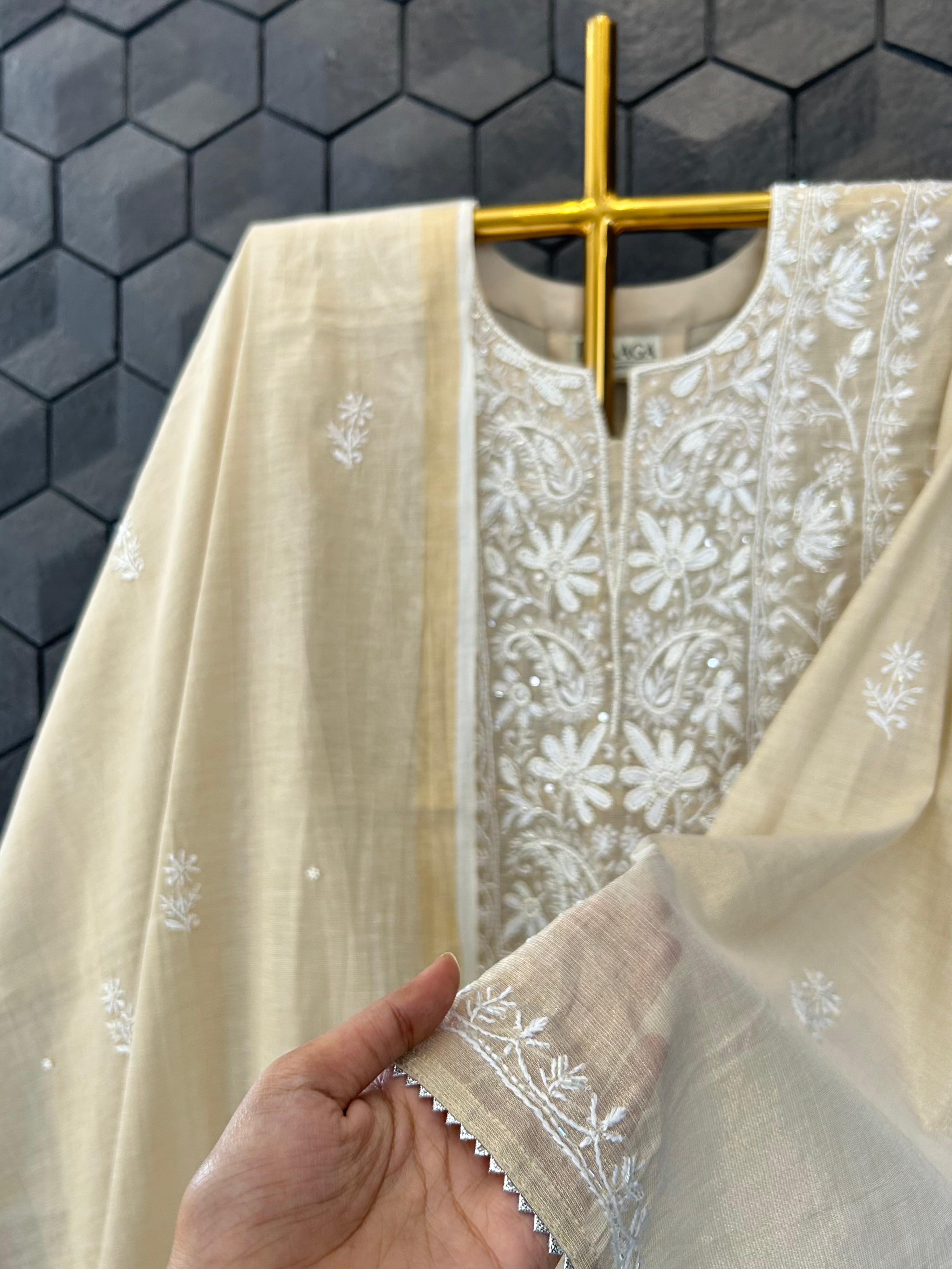 Natural golden tissue chikankari