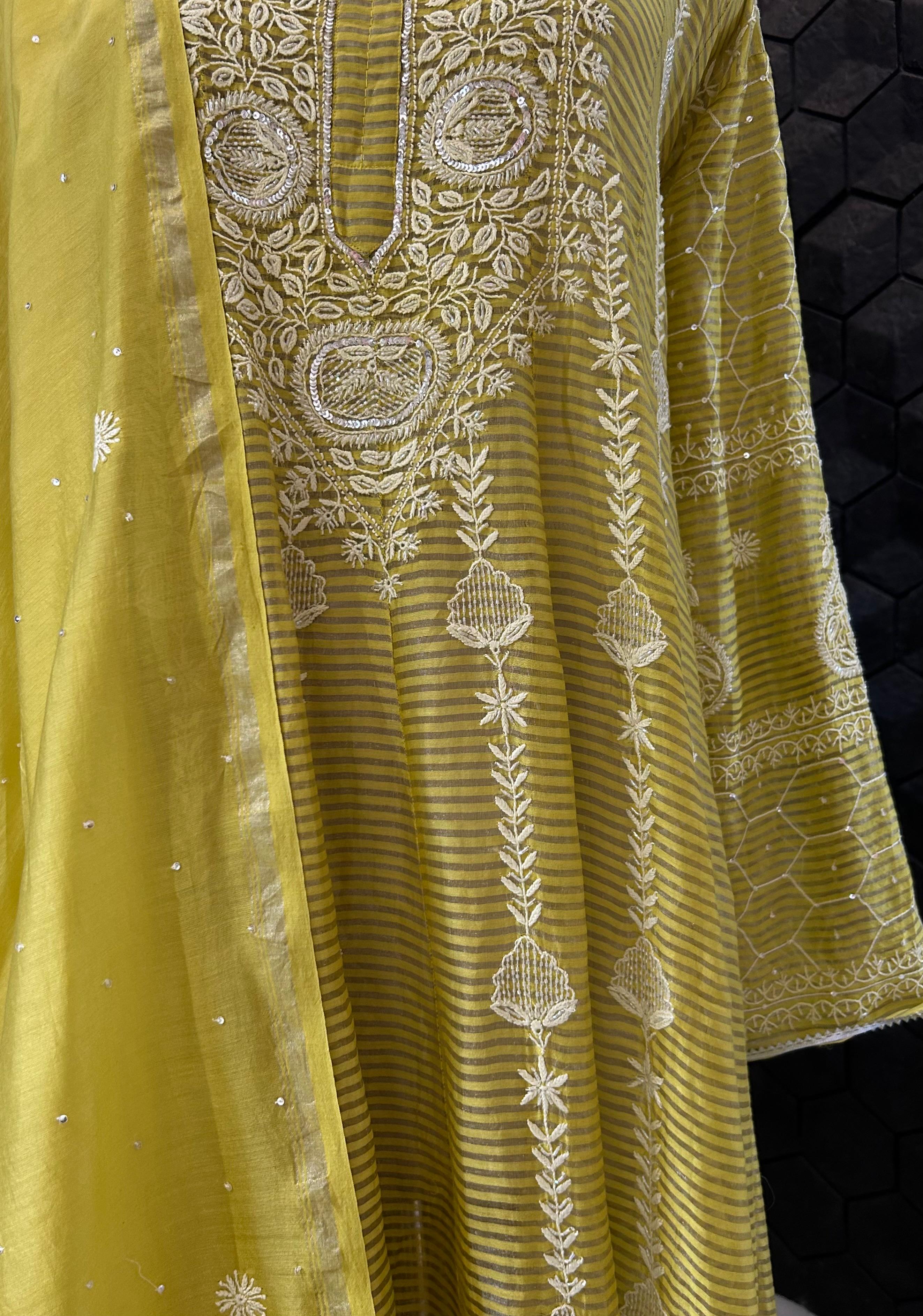 Lime green tissue chikankari anarkali set