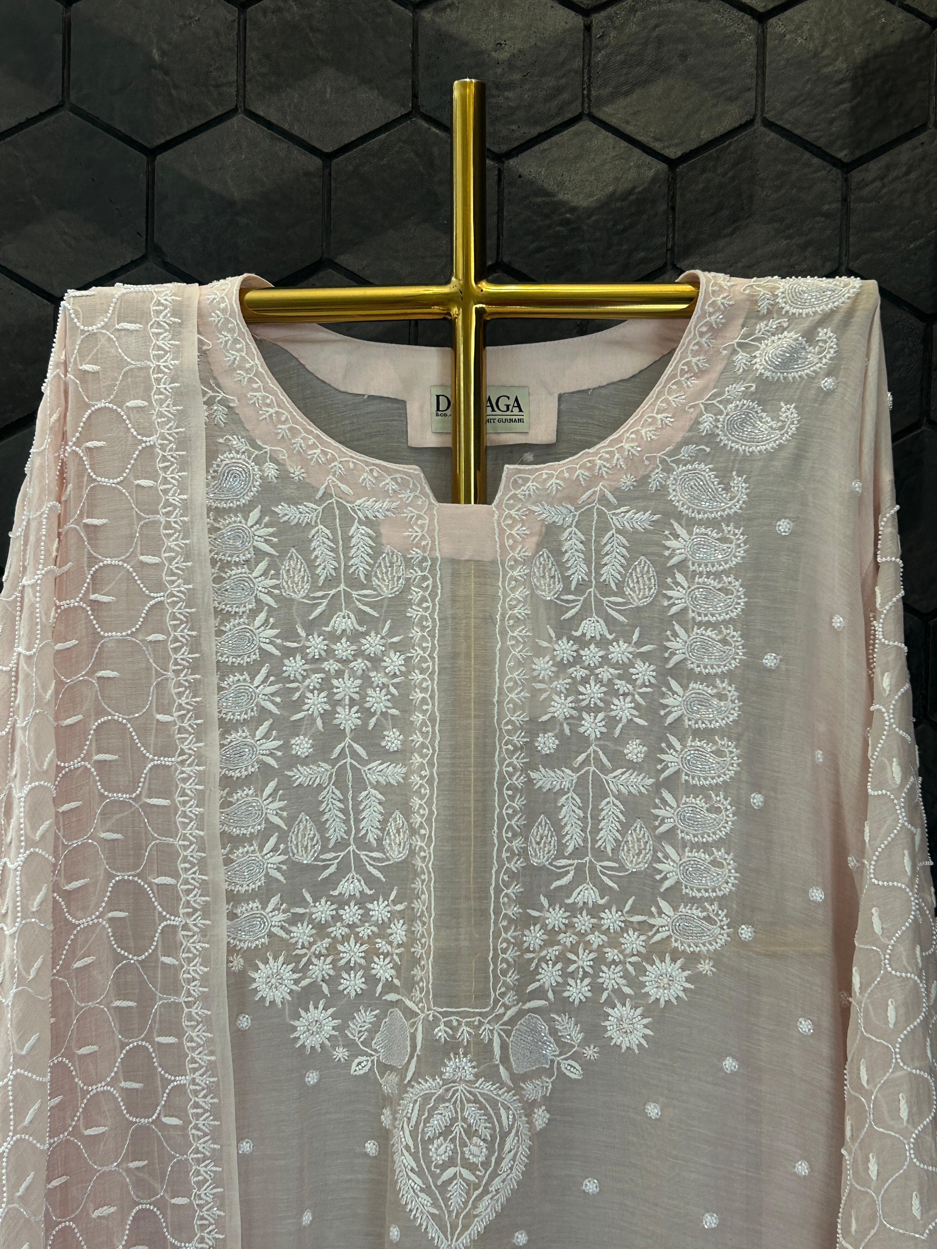 Pink Mul chanderi chikankari kurta set