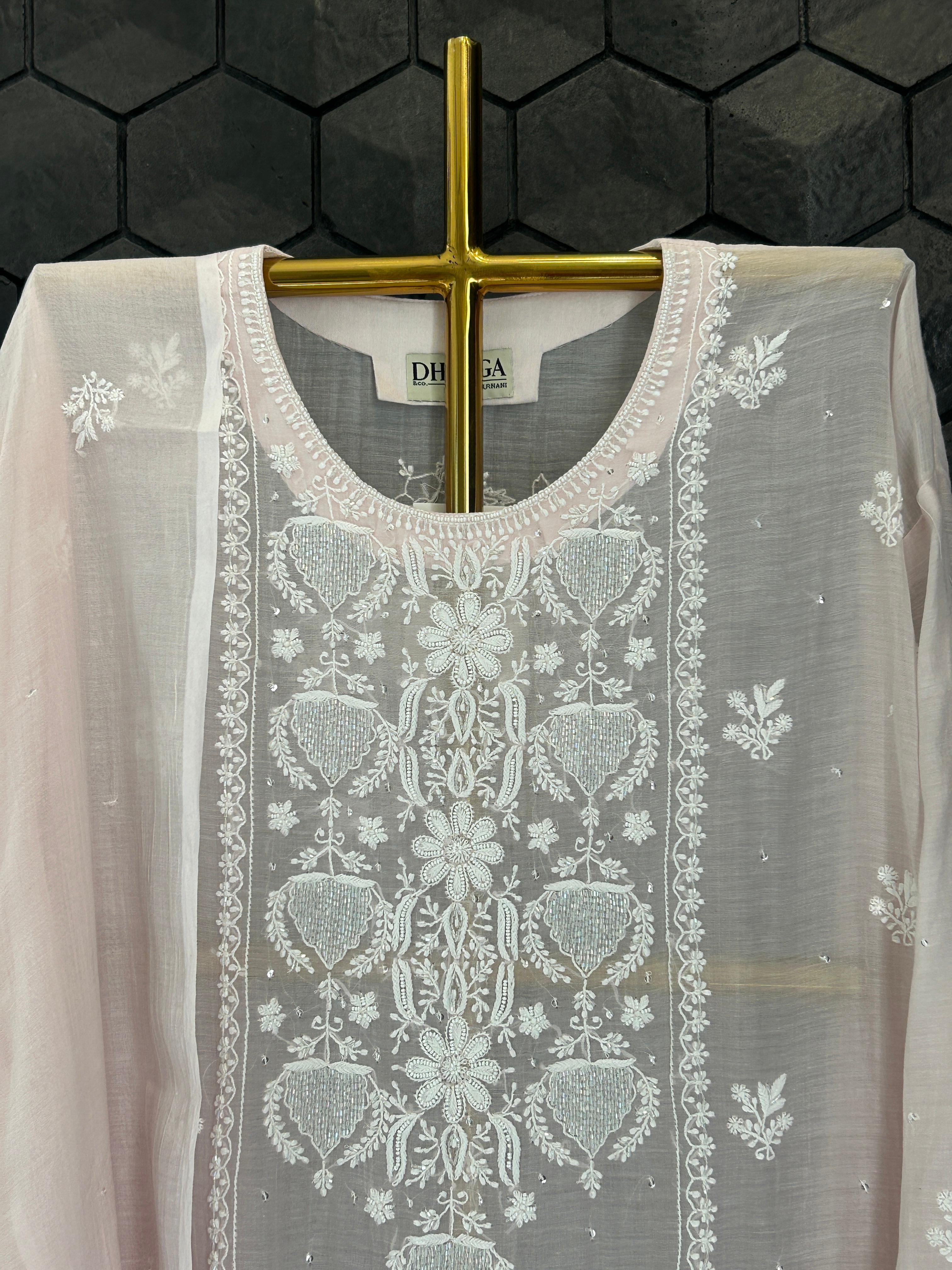Pink mul chanderi chikankari kurta set