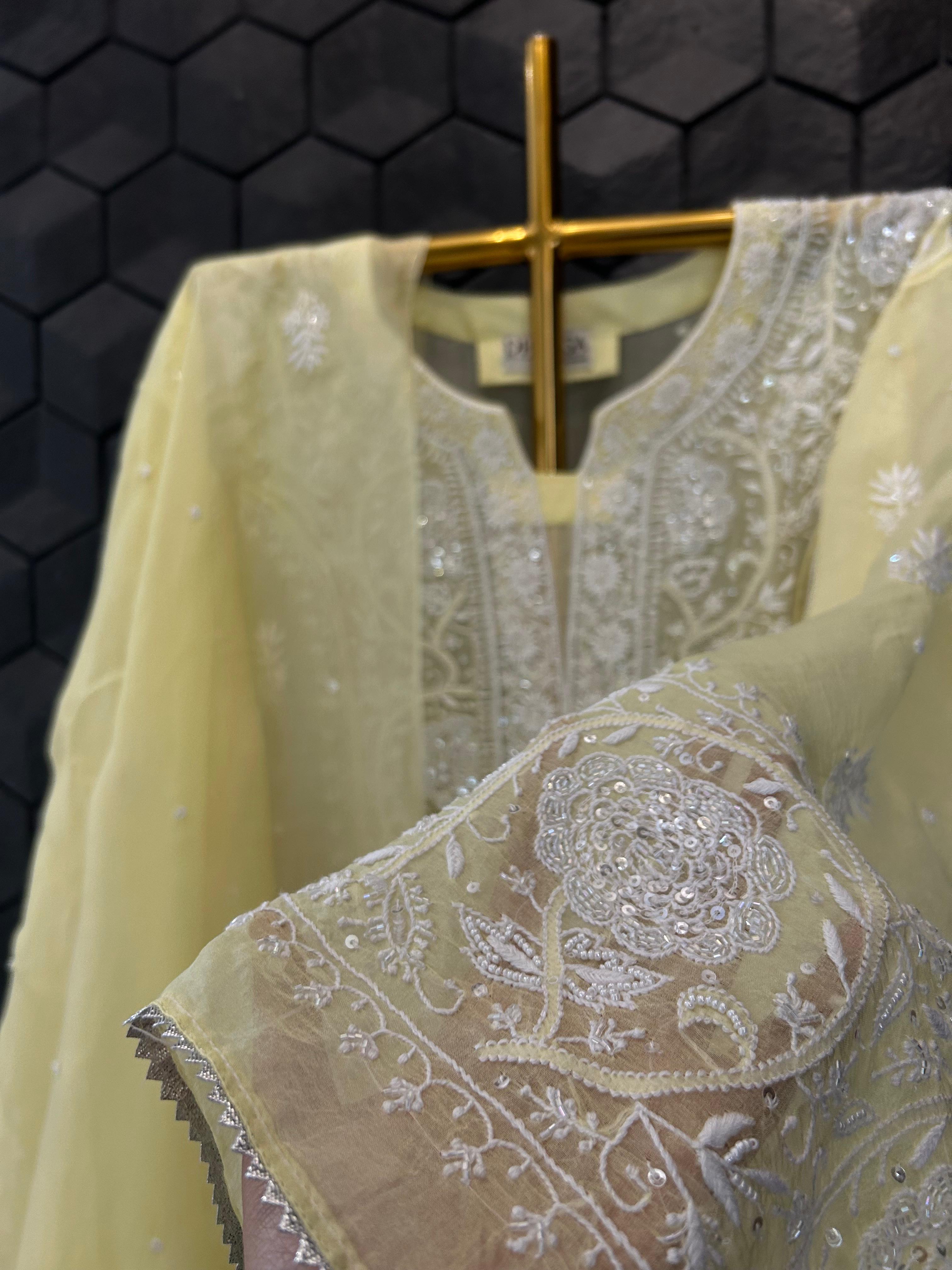 Yellow organza chikankari kurta set