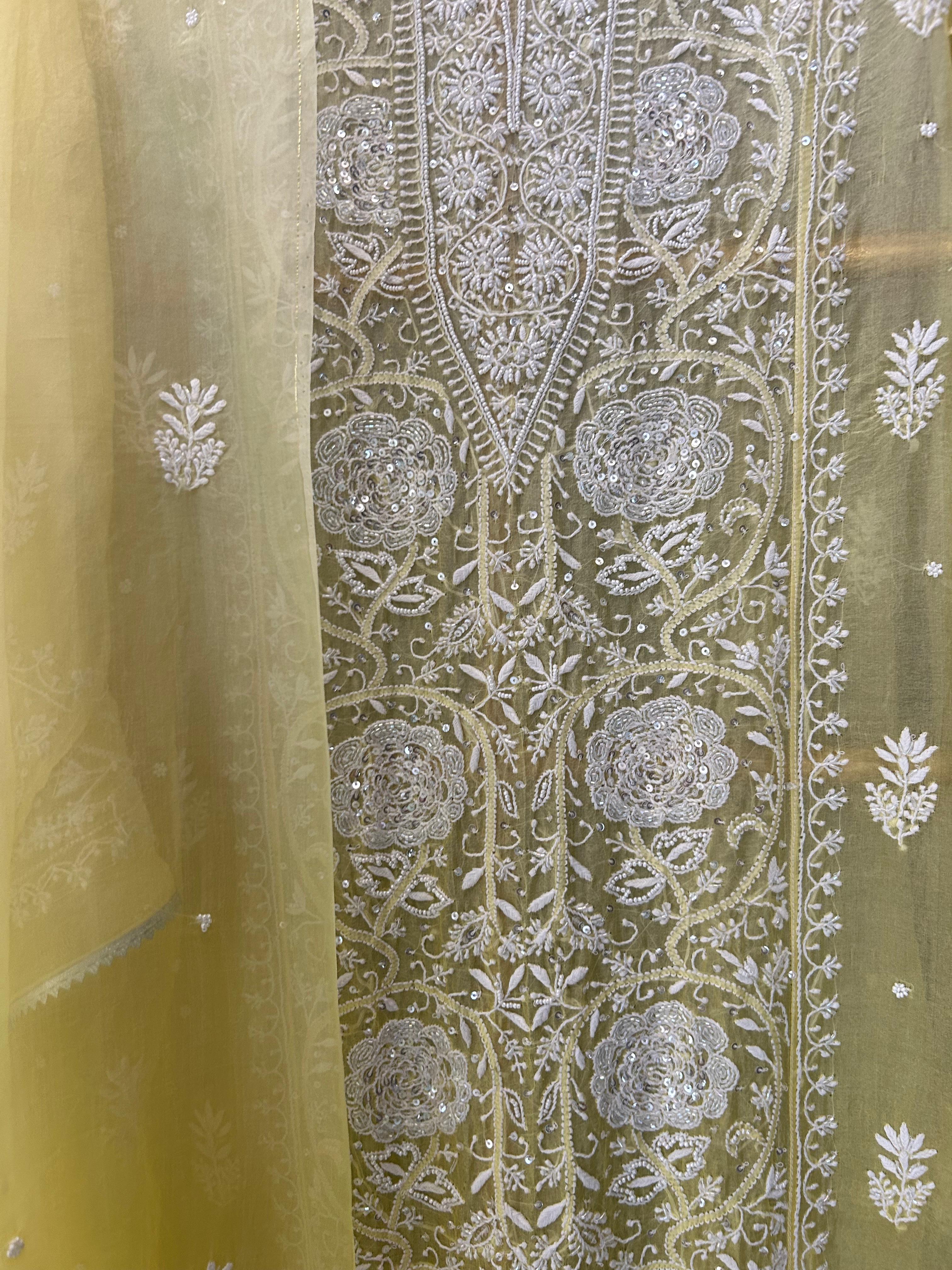 Yellow organza chikankari kurta set