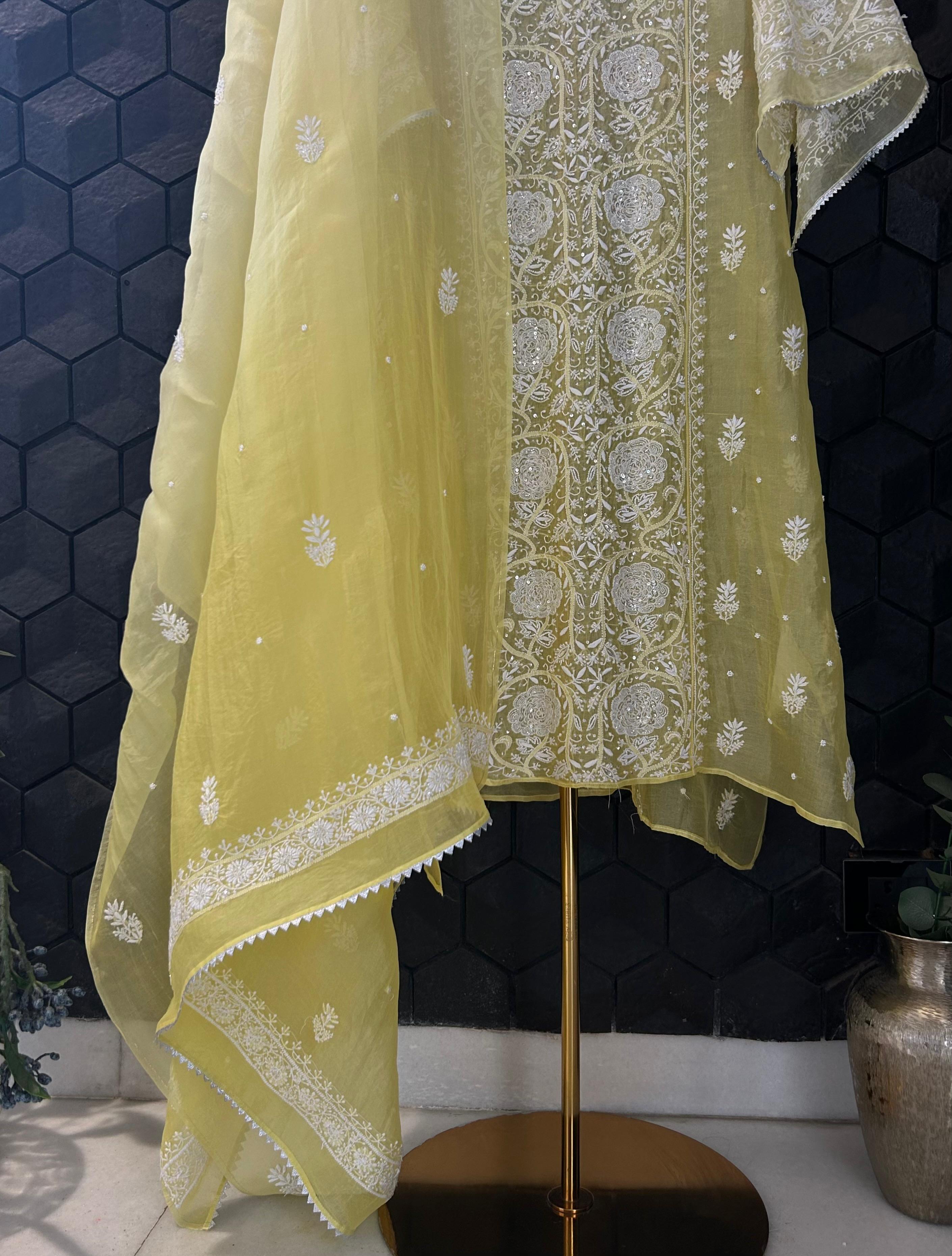Yellow organza chikankari kurta set