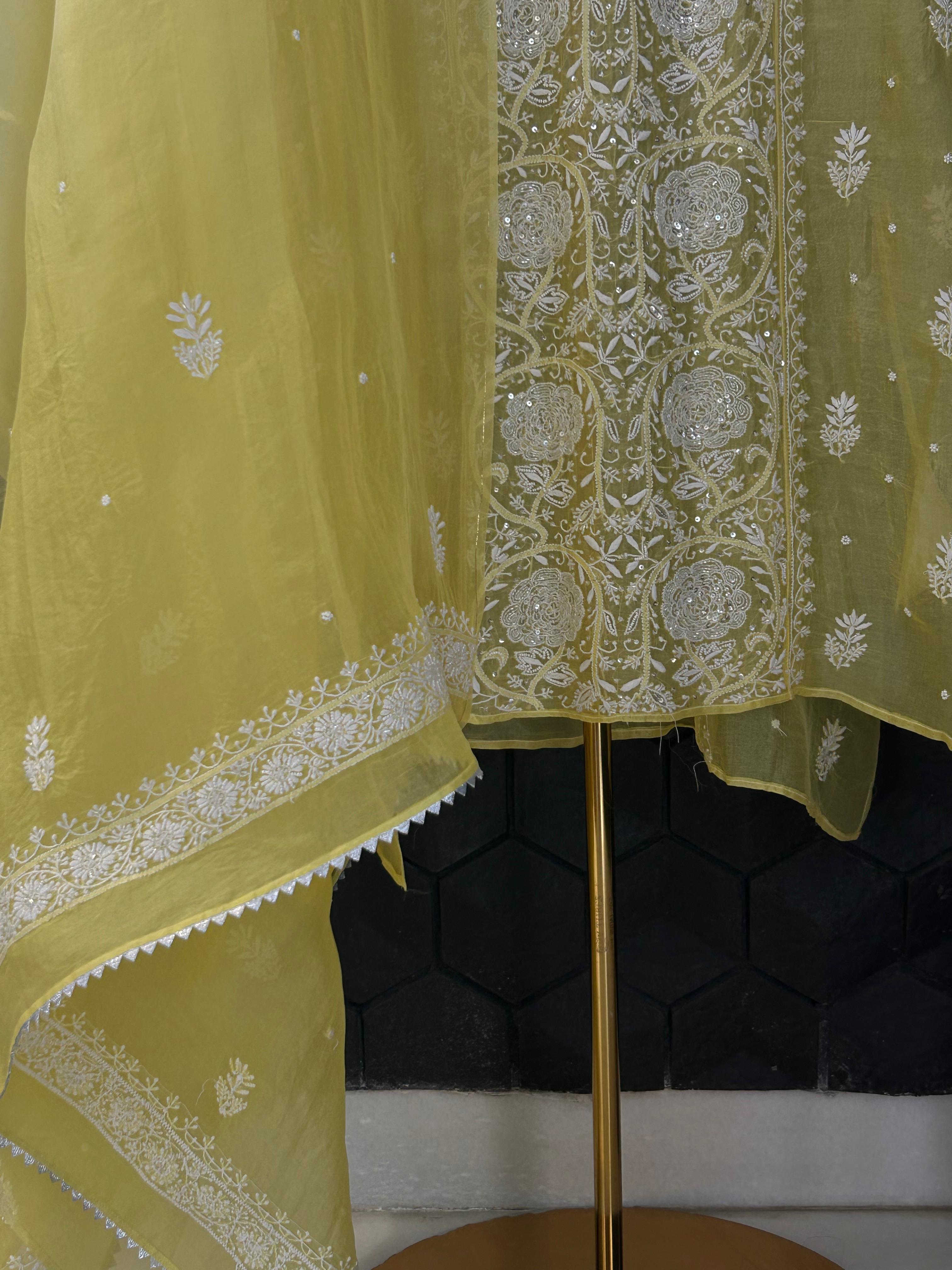 Yellow organza chikankari kurta set