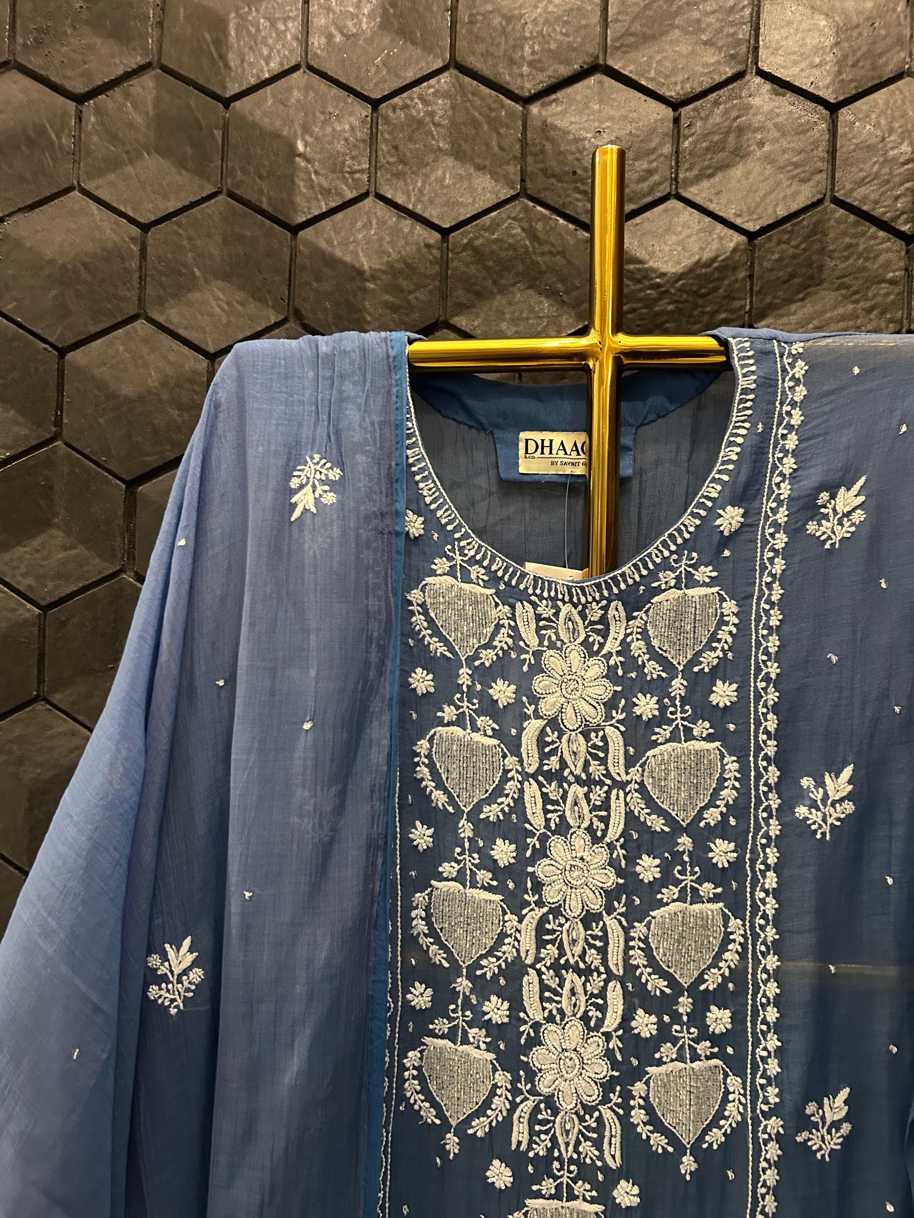 Cobalt blue mul chanderi chikankari kurta set