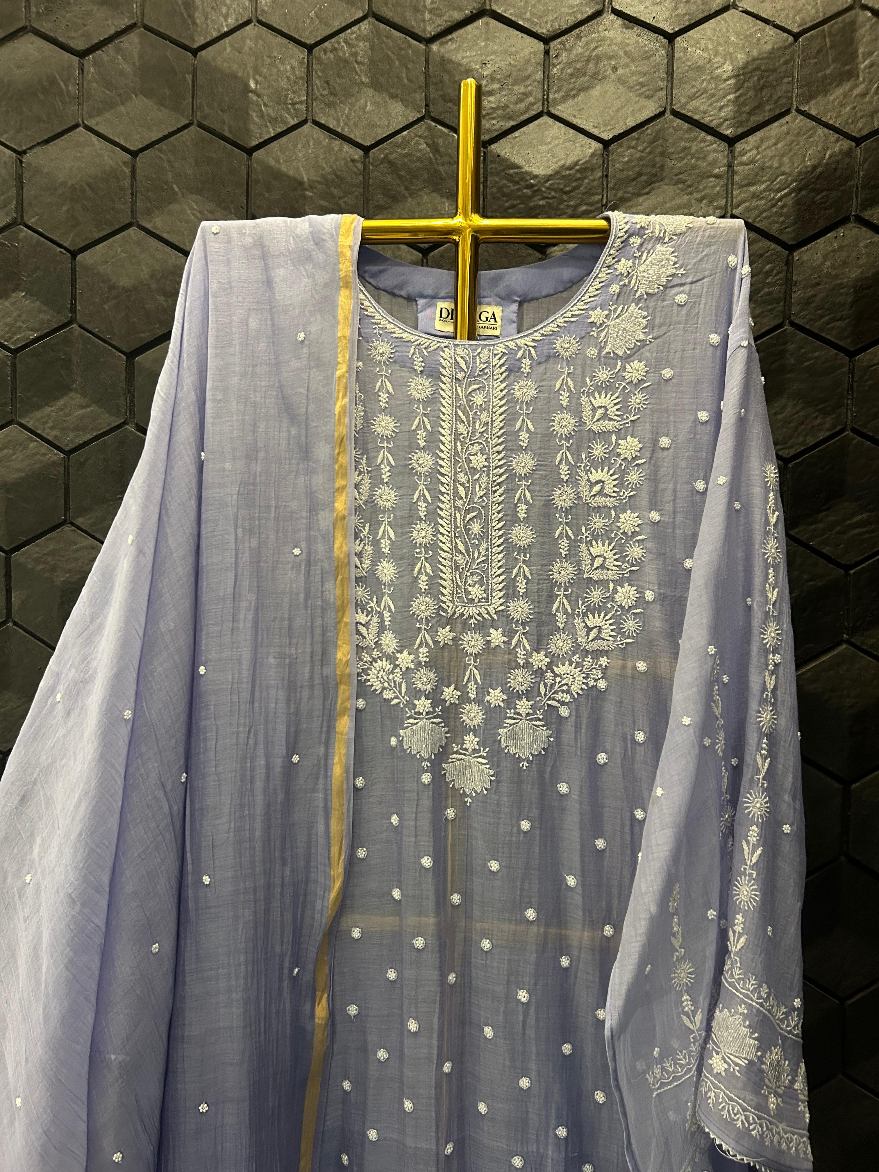 Purple mul chanderi chikankari kurta set