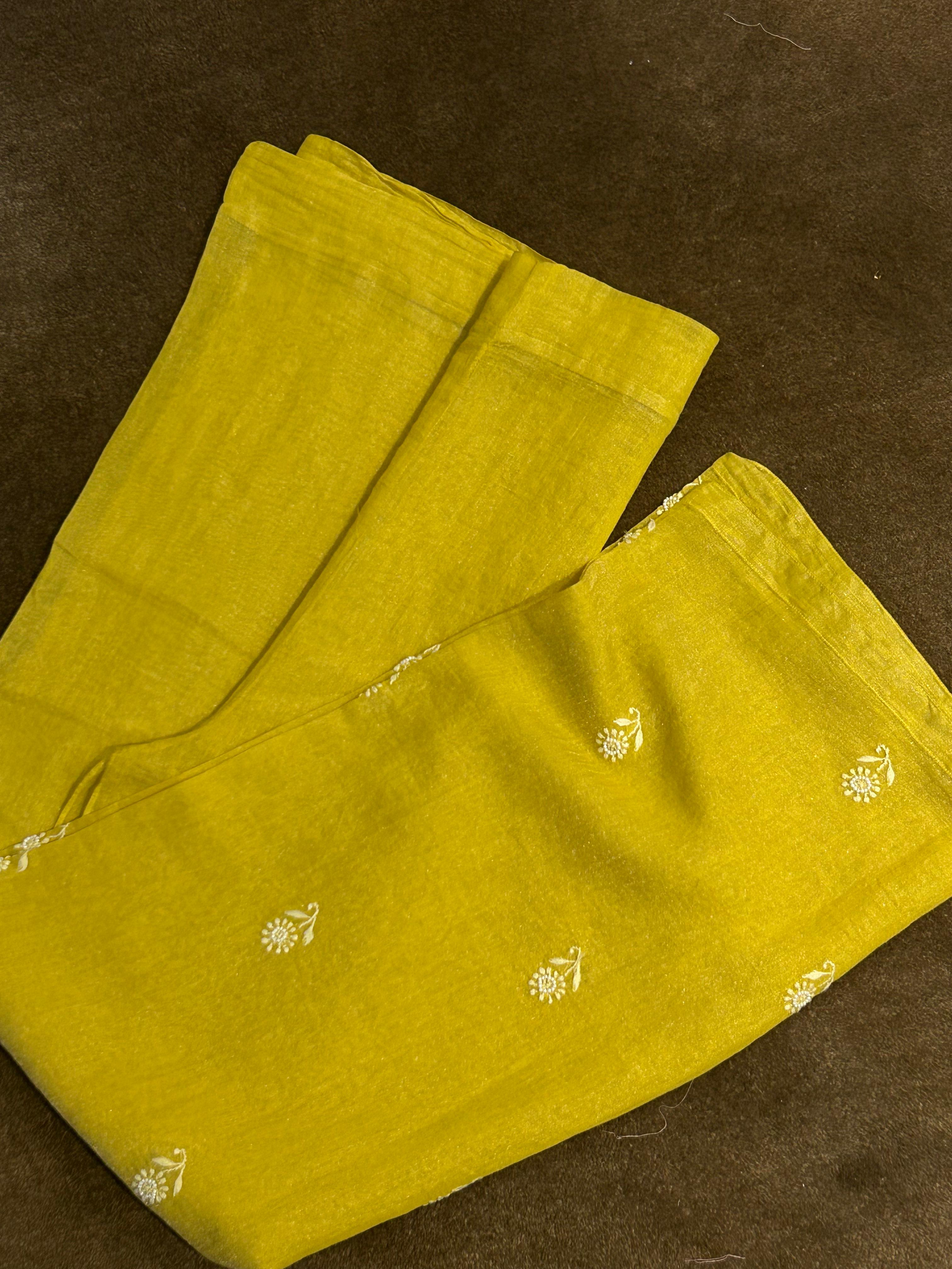 Lime yellow tissue chikankari co-ord set