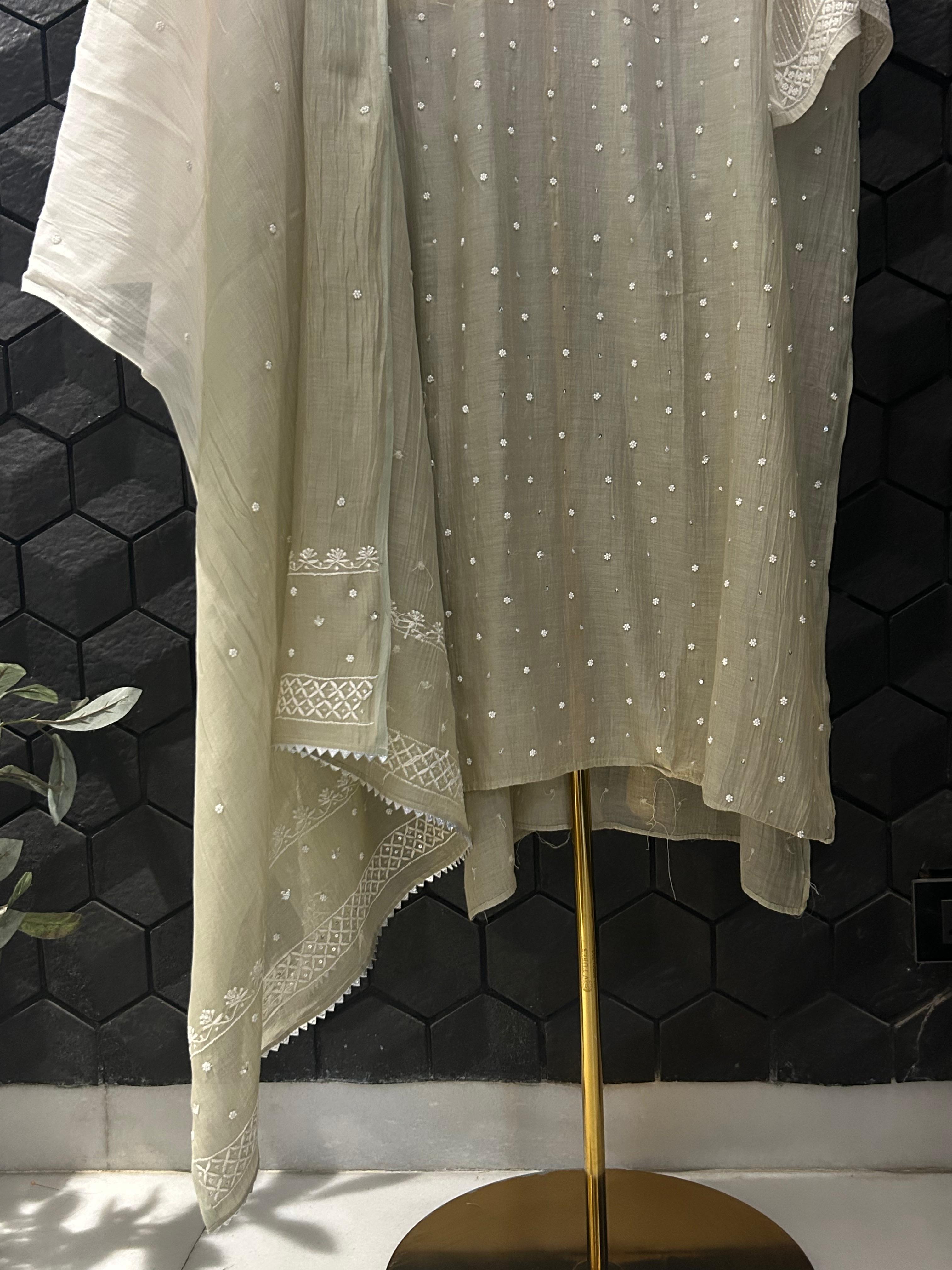 Brown mul chanderi chikankari kurta set