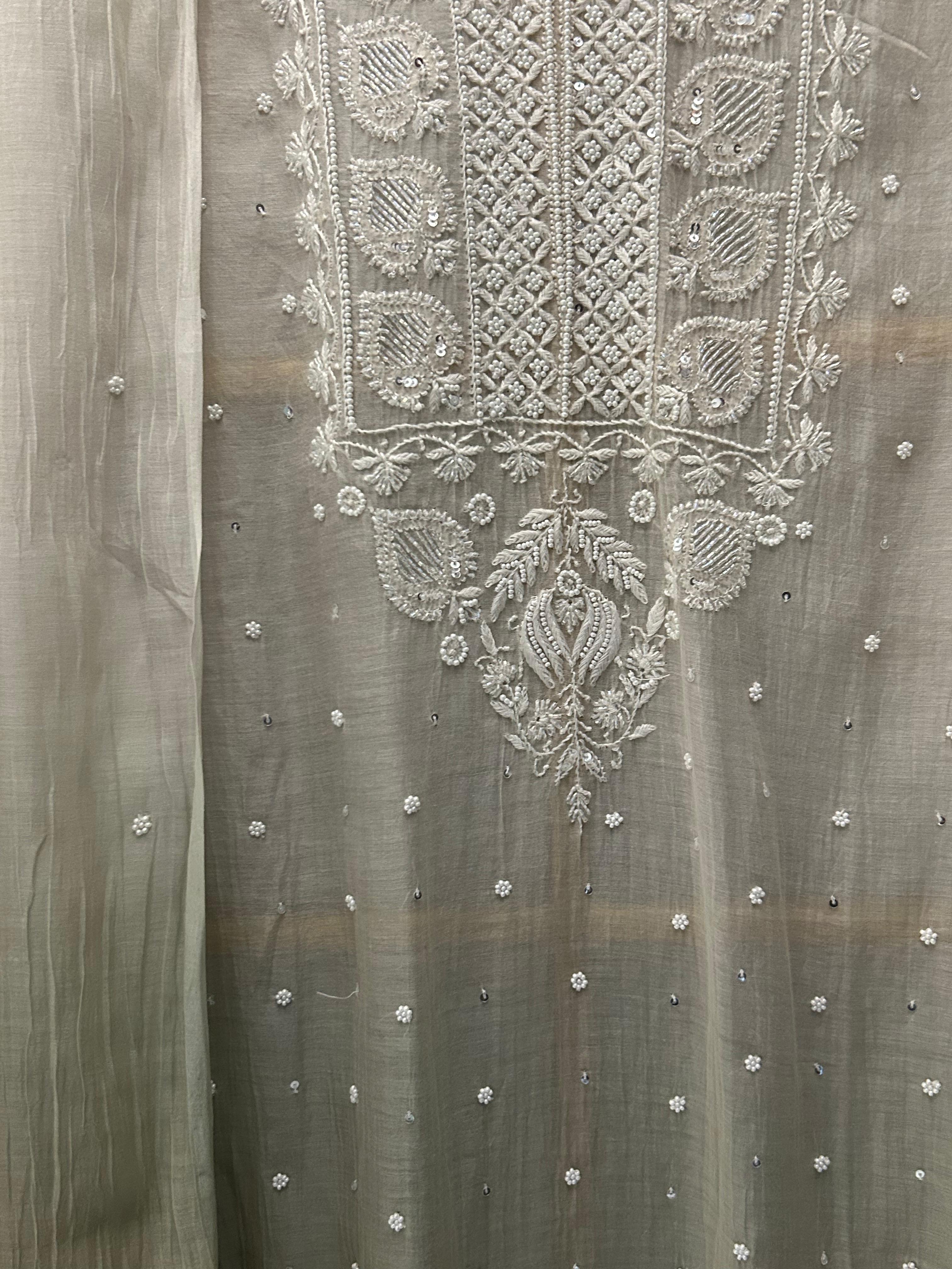Brown mul chanderi chikankari kurta set