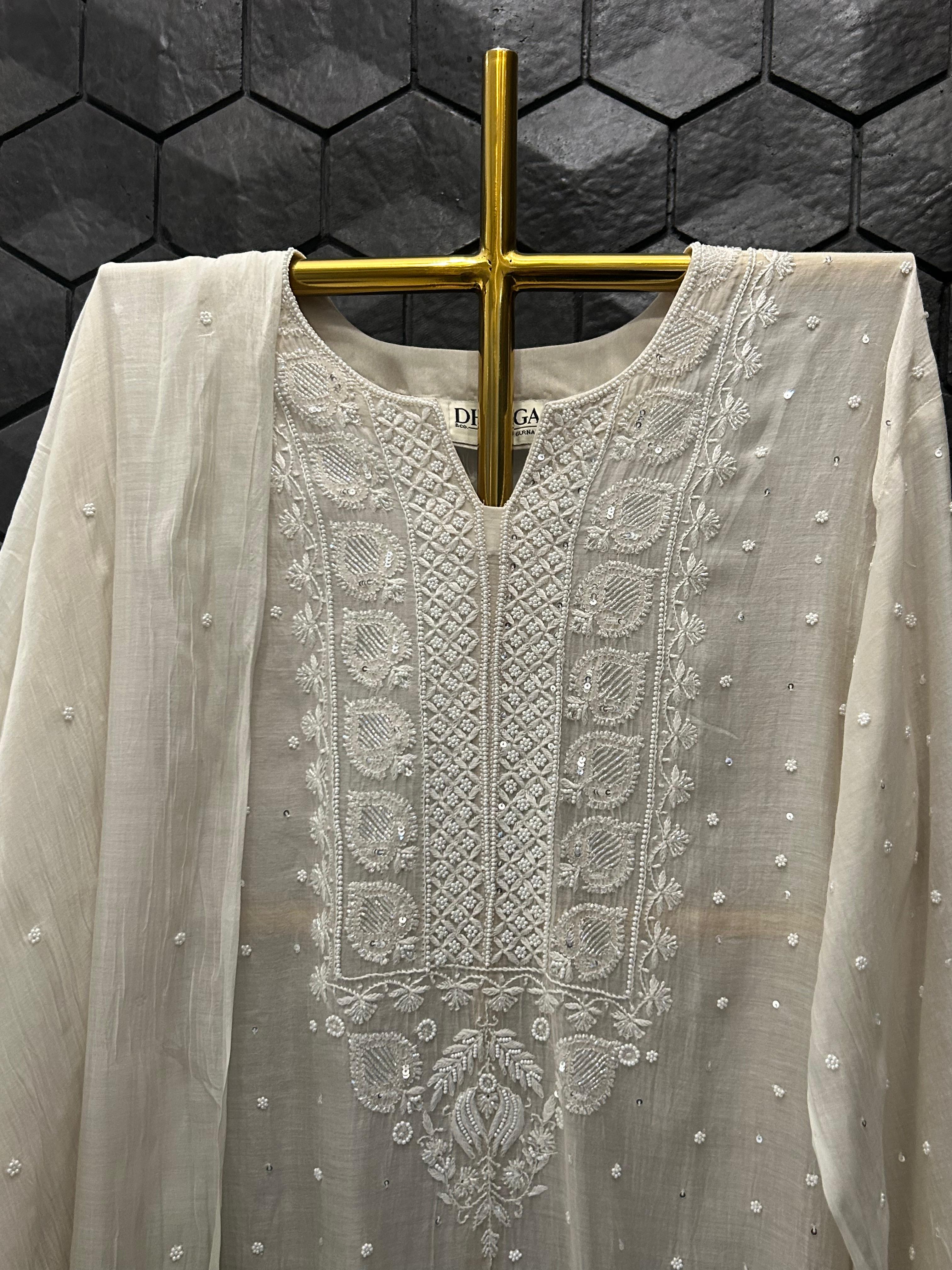 Brown mul chanderi chikankari kurta set