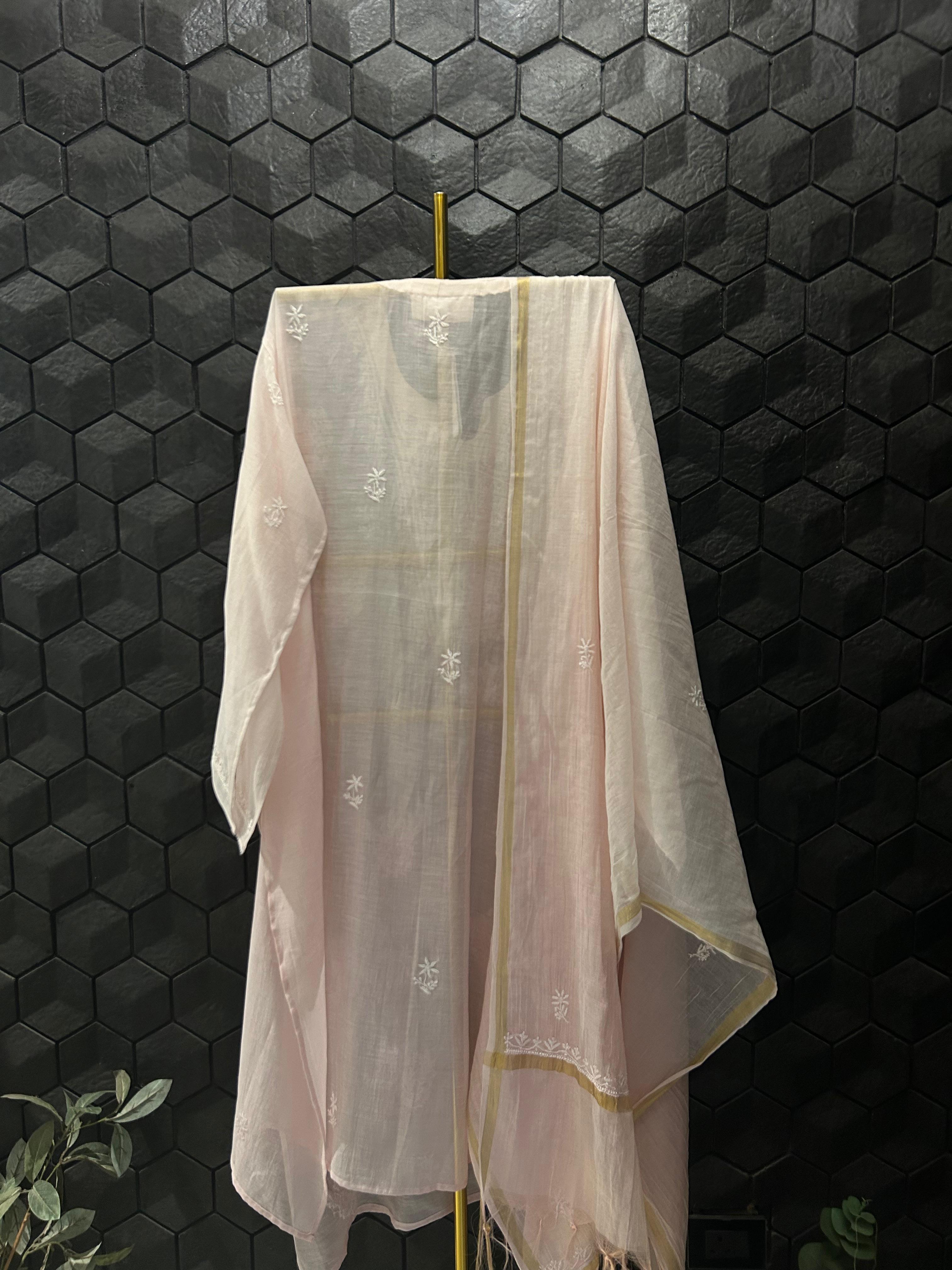 pink mul chanderi chikankari kurta set