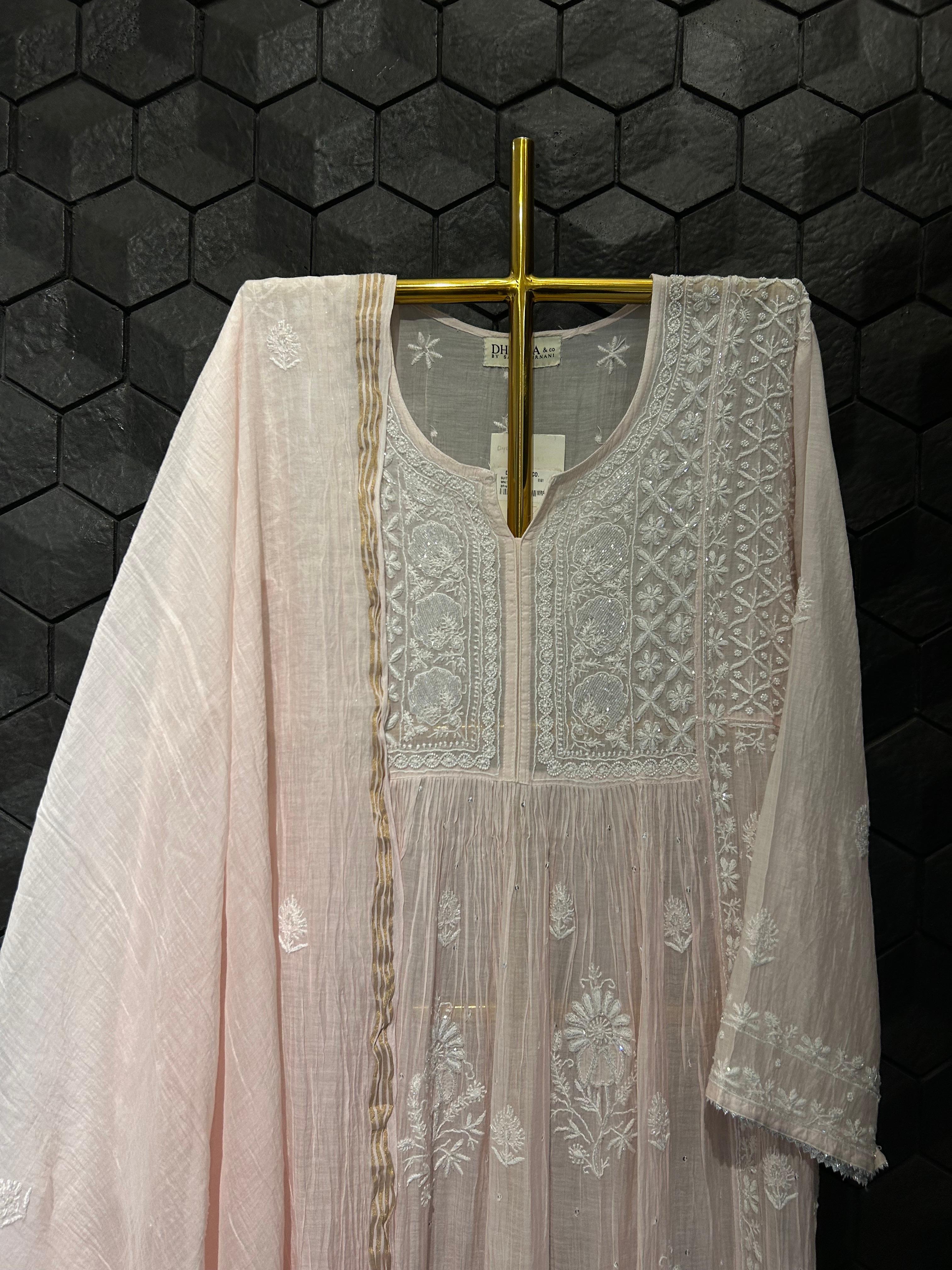 PinK mul chanderi chikankari kurta set