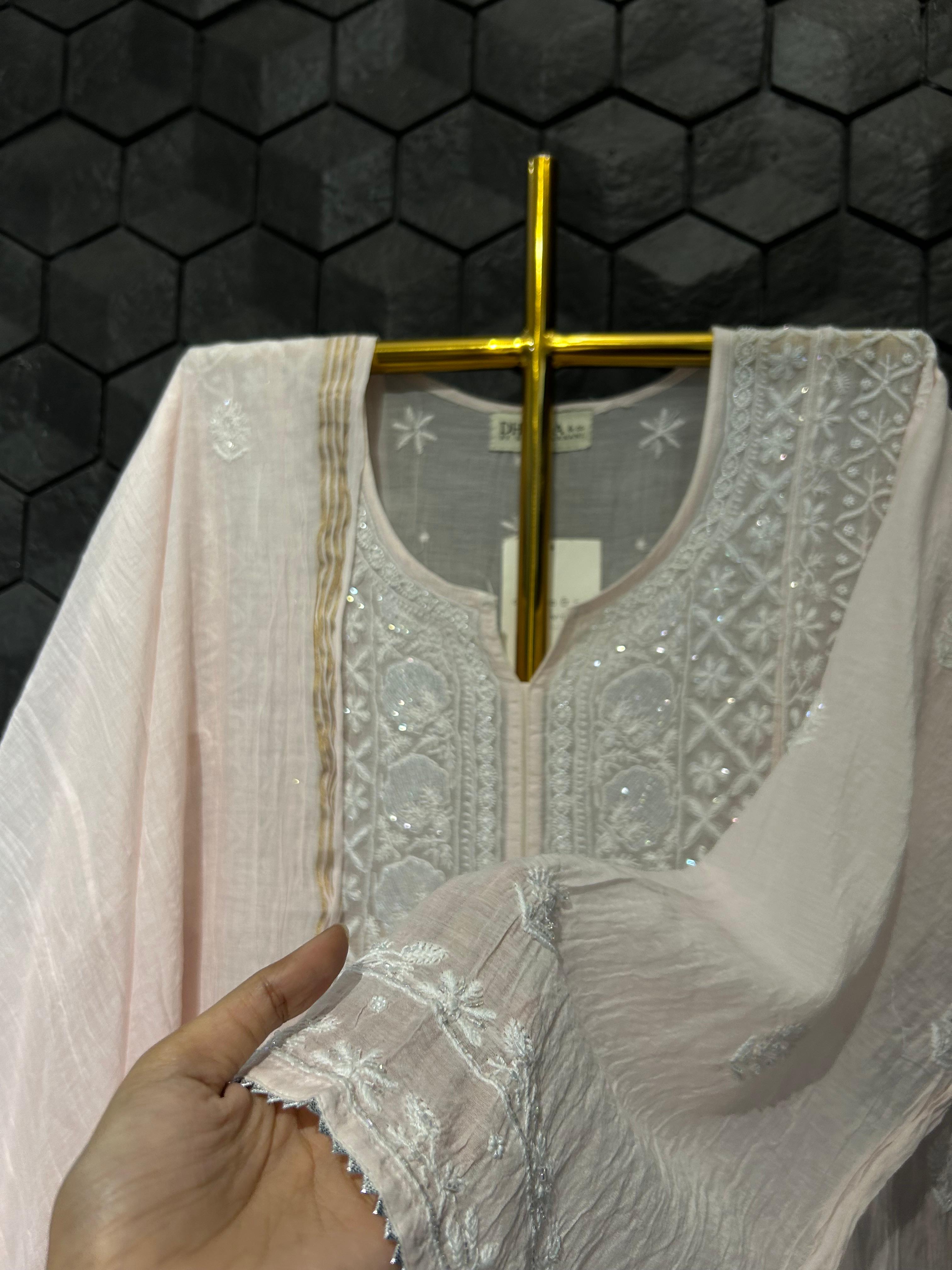 PinK mul chanderi chikankari kurta set