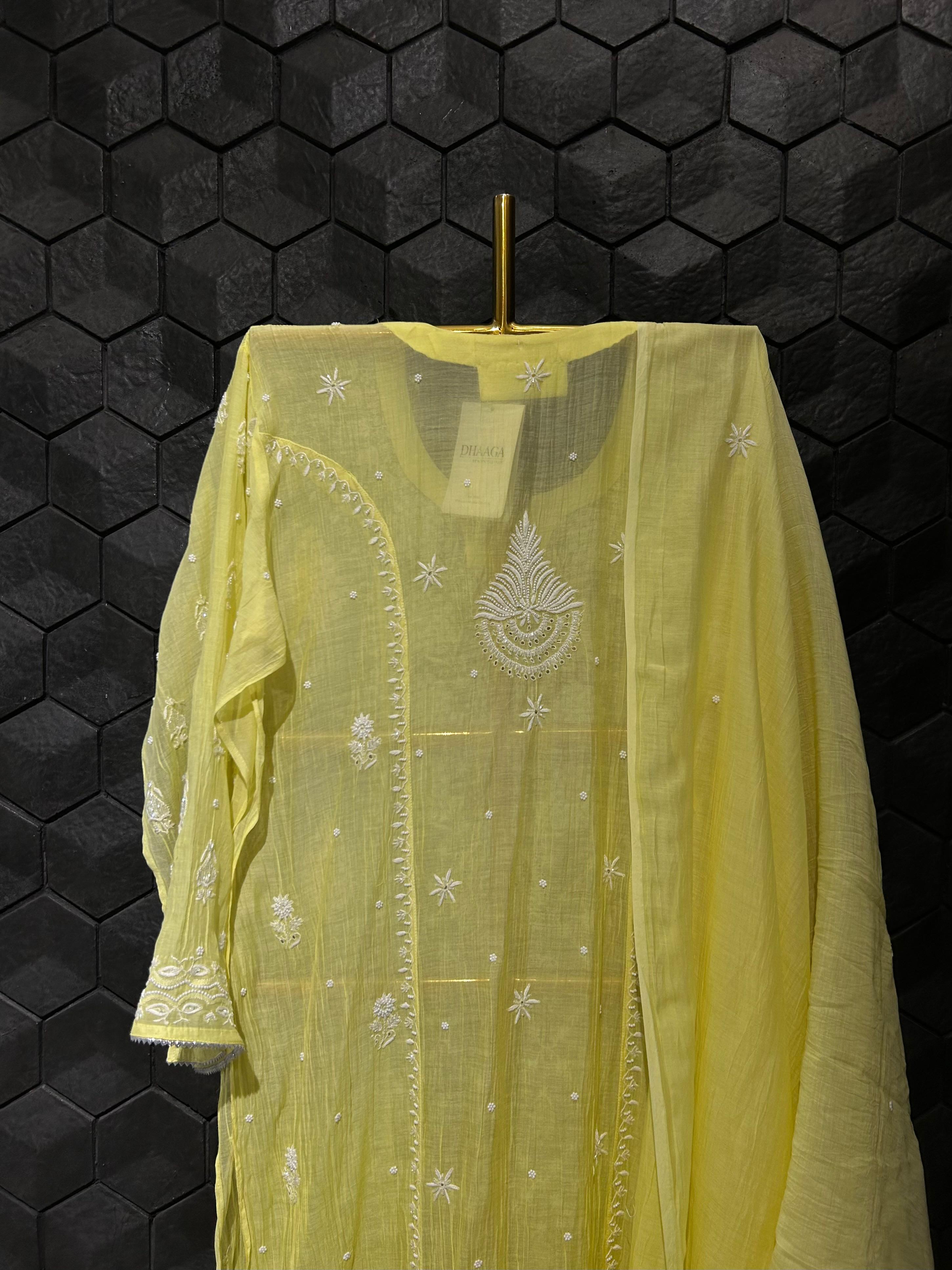 Lime yellow mul chanderi chikankari kurta set