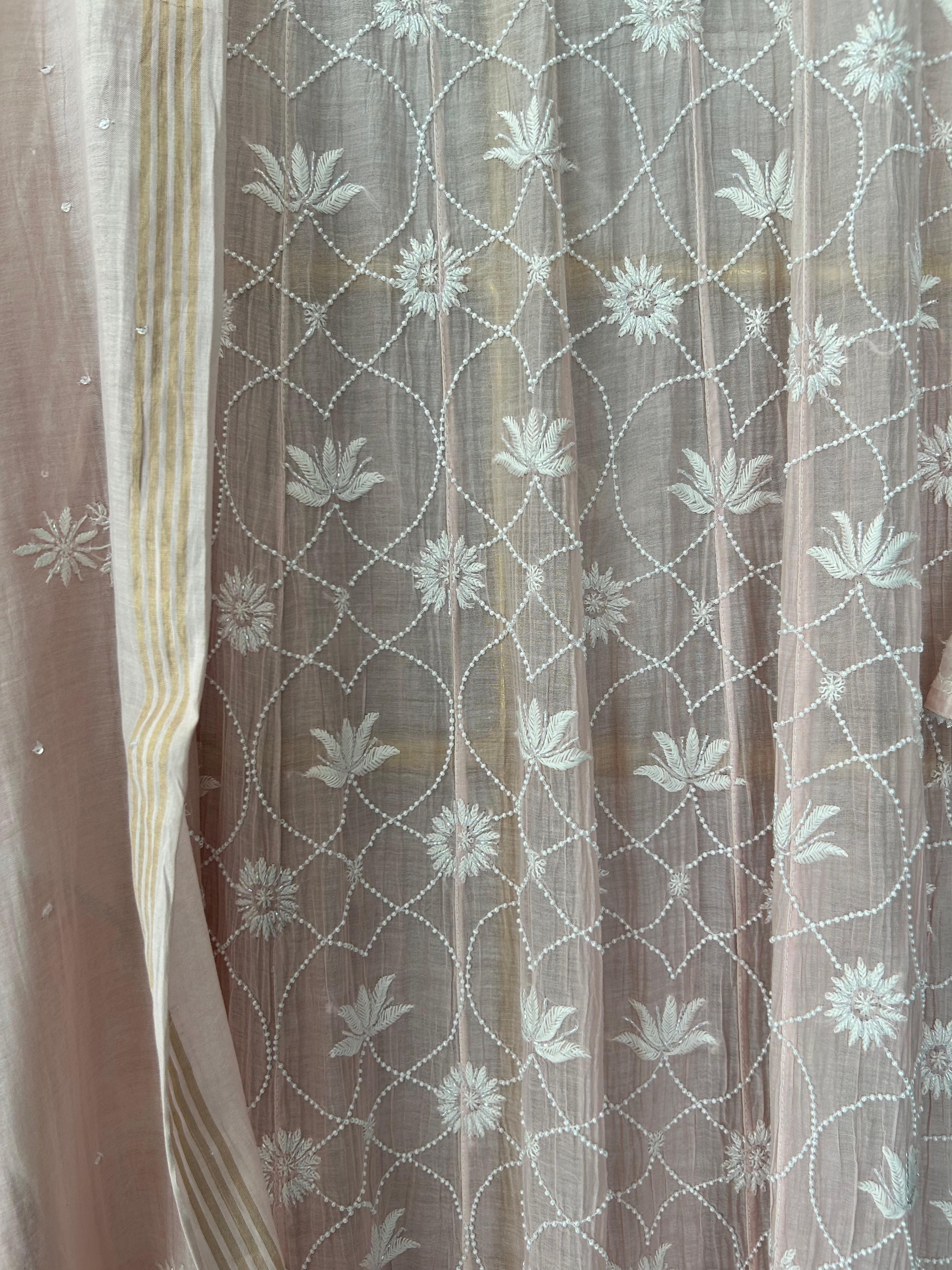 Pink mul chanderi chikankari anarkali set