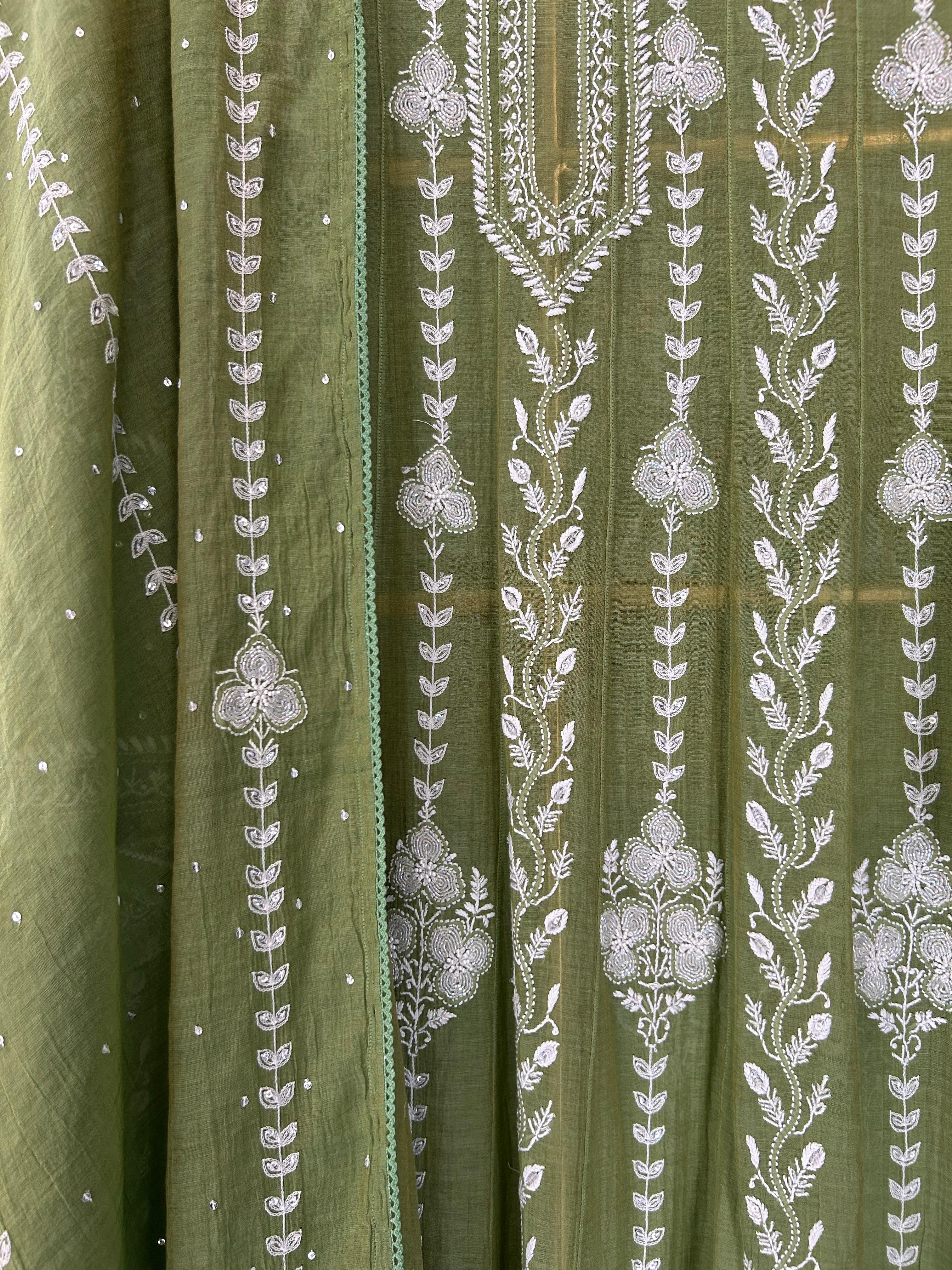 Green tissue chikankari anarkali set