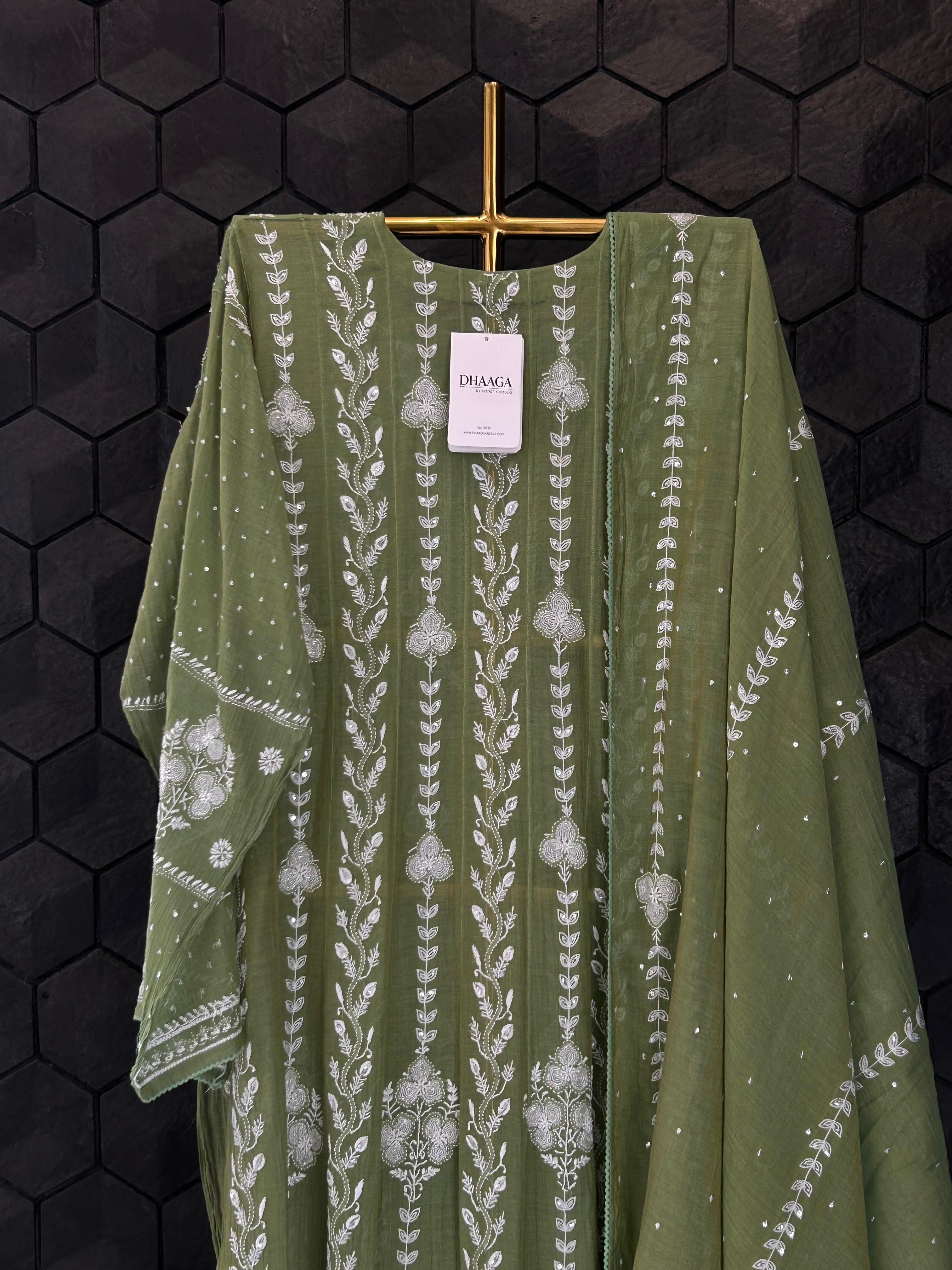 Green tissue chikankari anarkali set