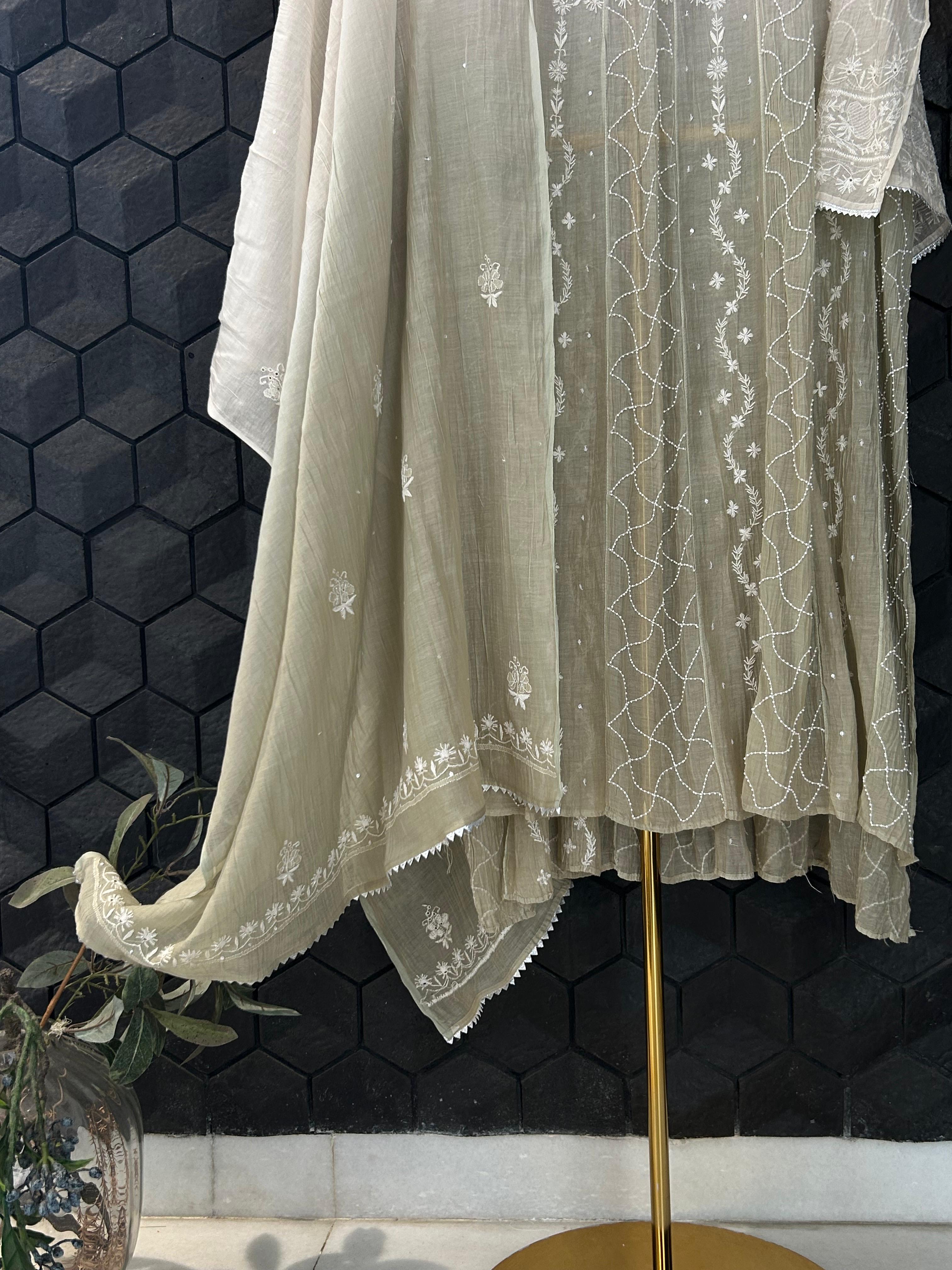 Brown mul chanderi chikankari anarkali set