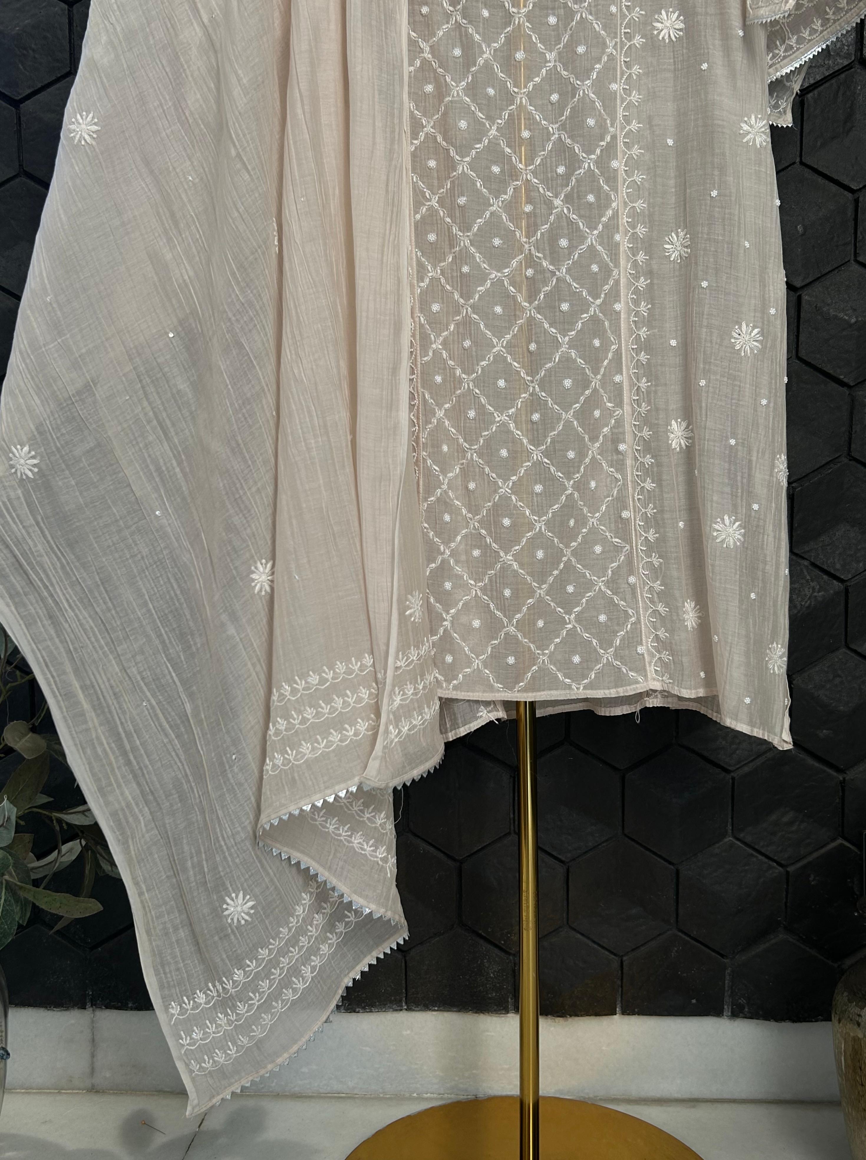 Brown mul chanderi chikankari kurta set