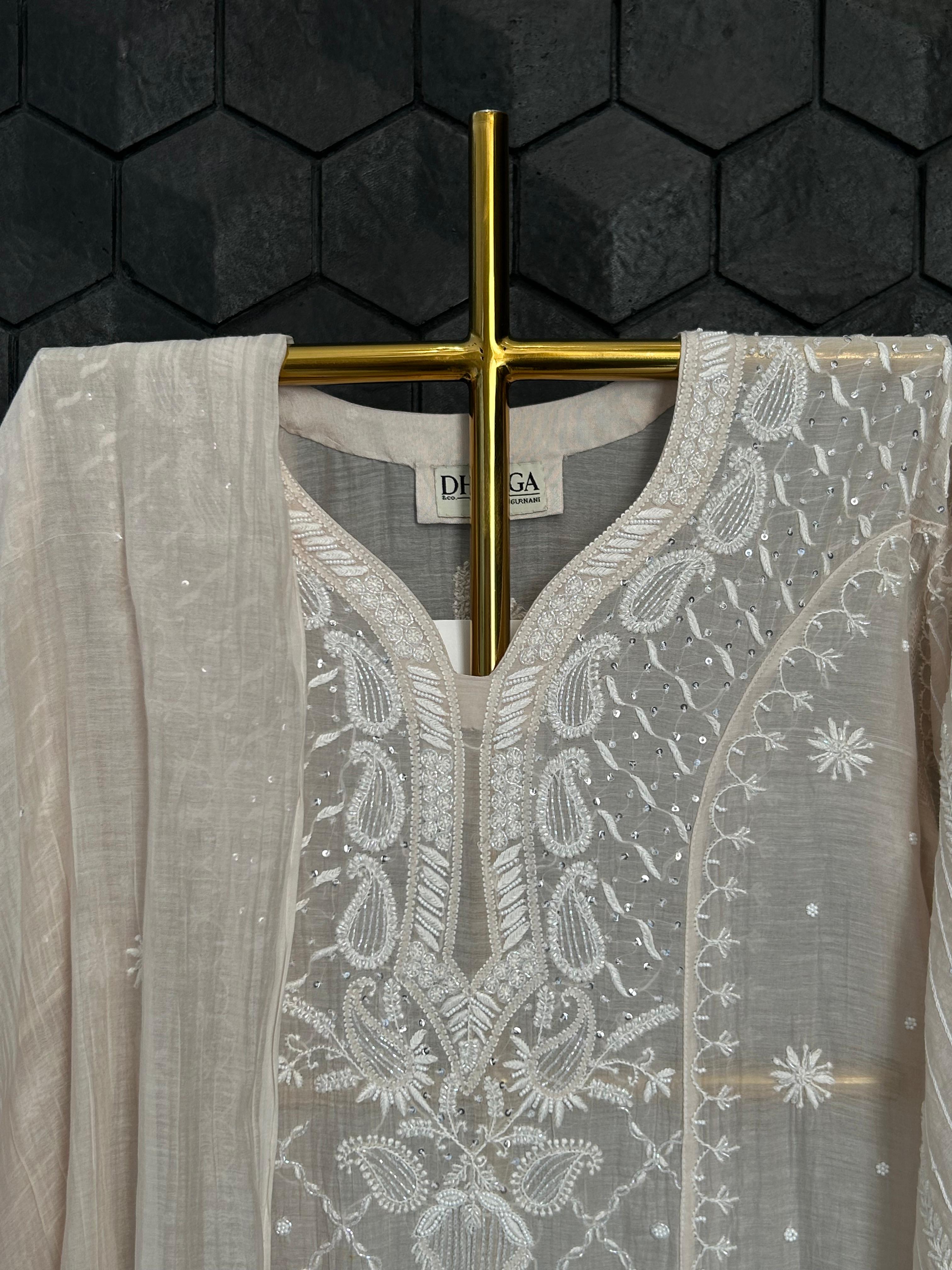 Brown mul chanderi chikankari kurta set
