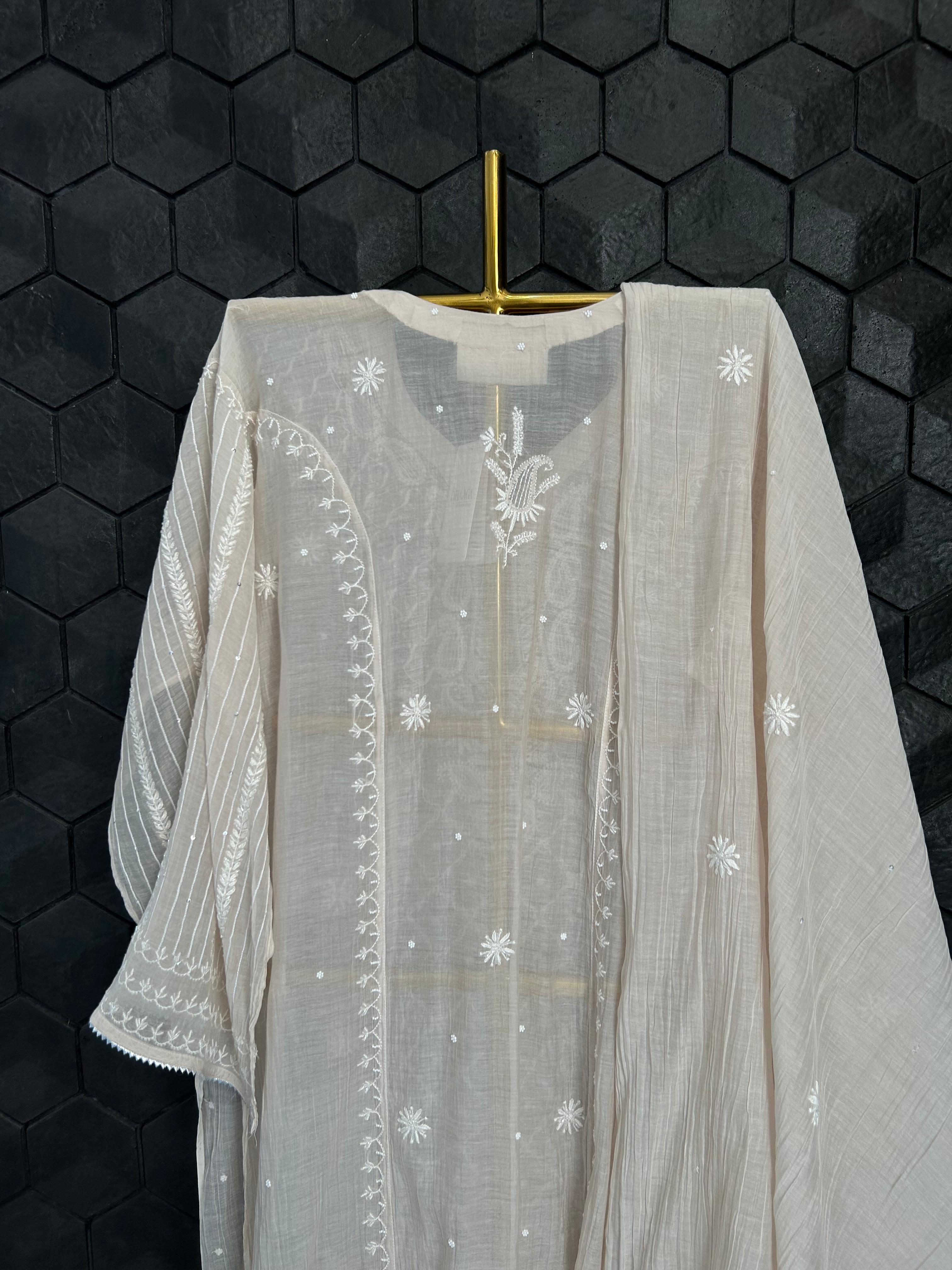 Brown mul chanderi chikankari kurta set