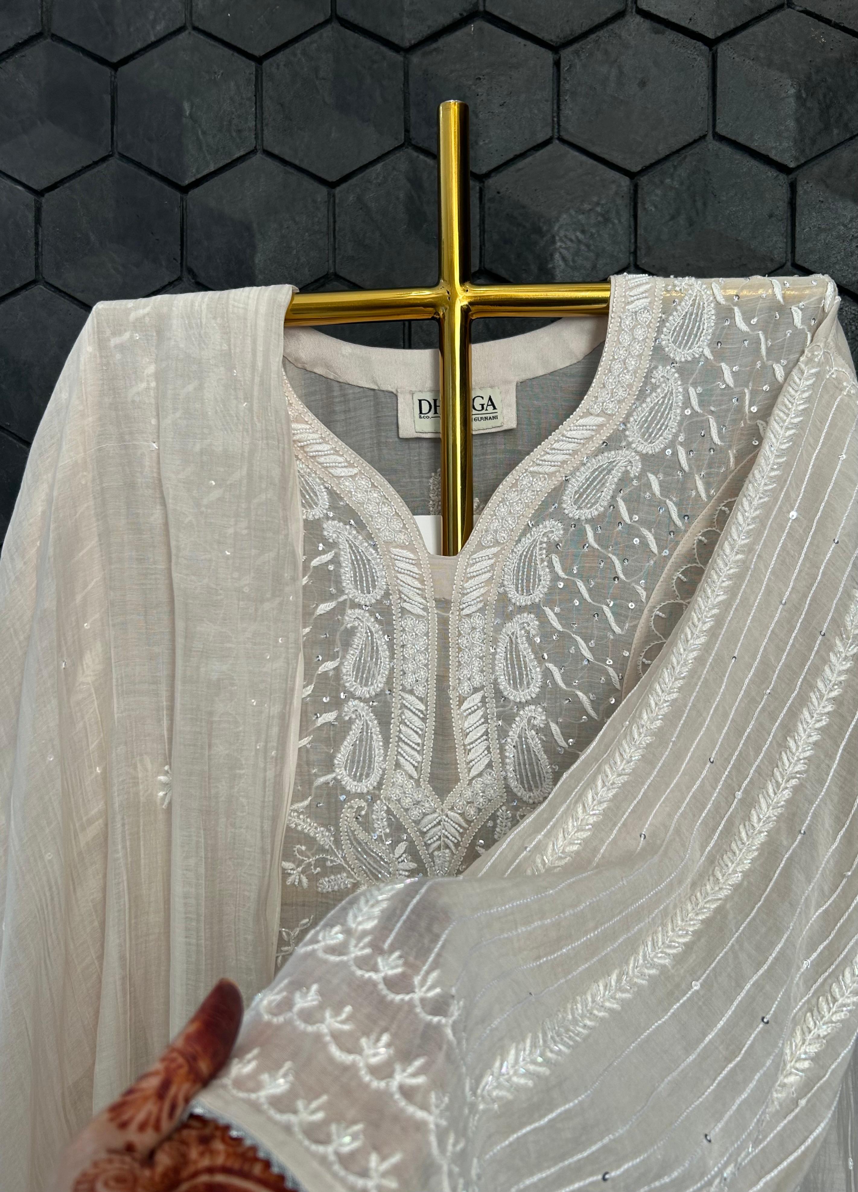 Brown mul chanderi chikankari kurta set