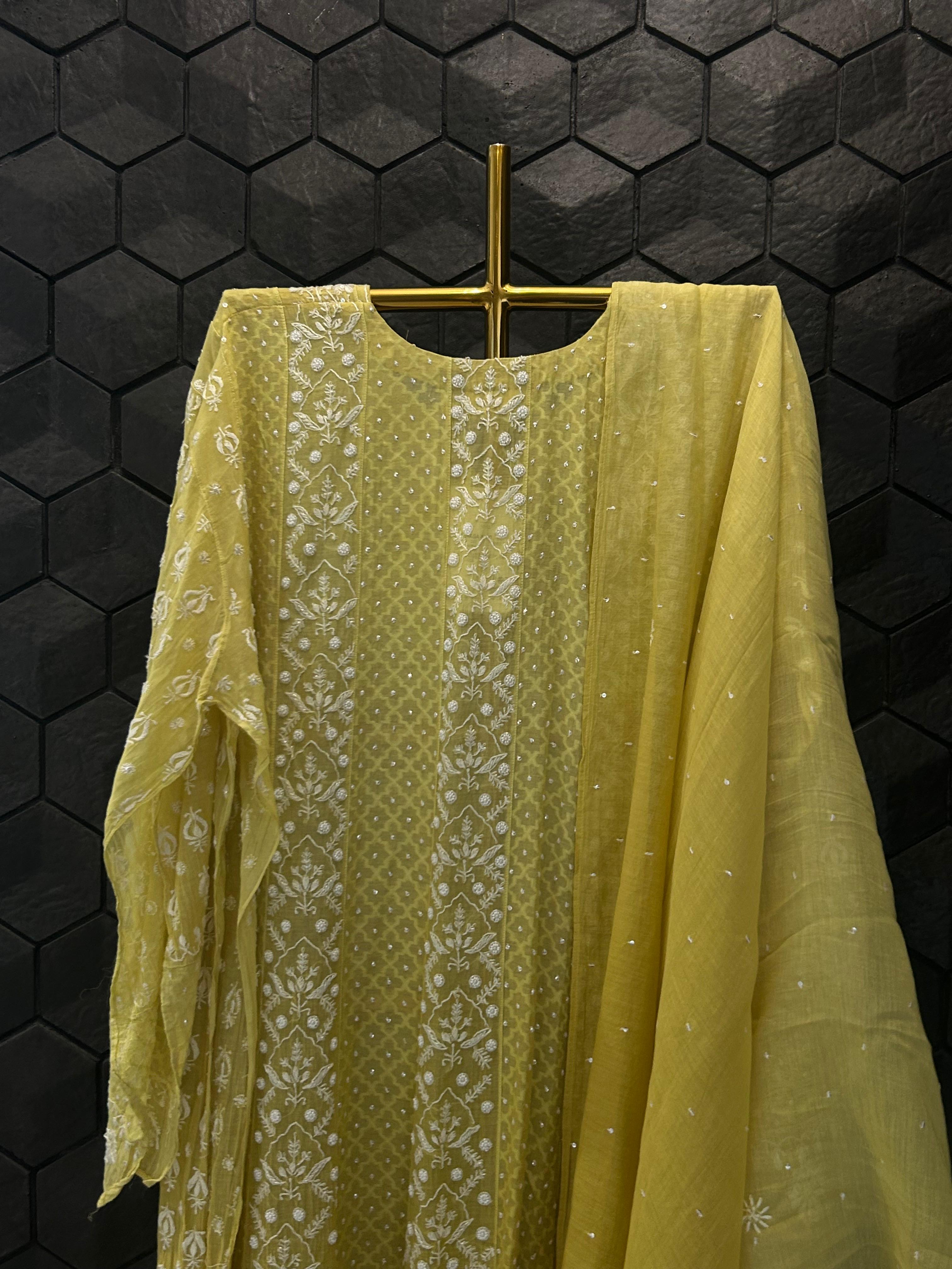 Lime green mul chanderi chikankari anarkali set