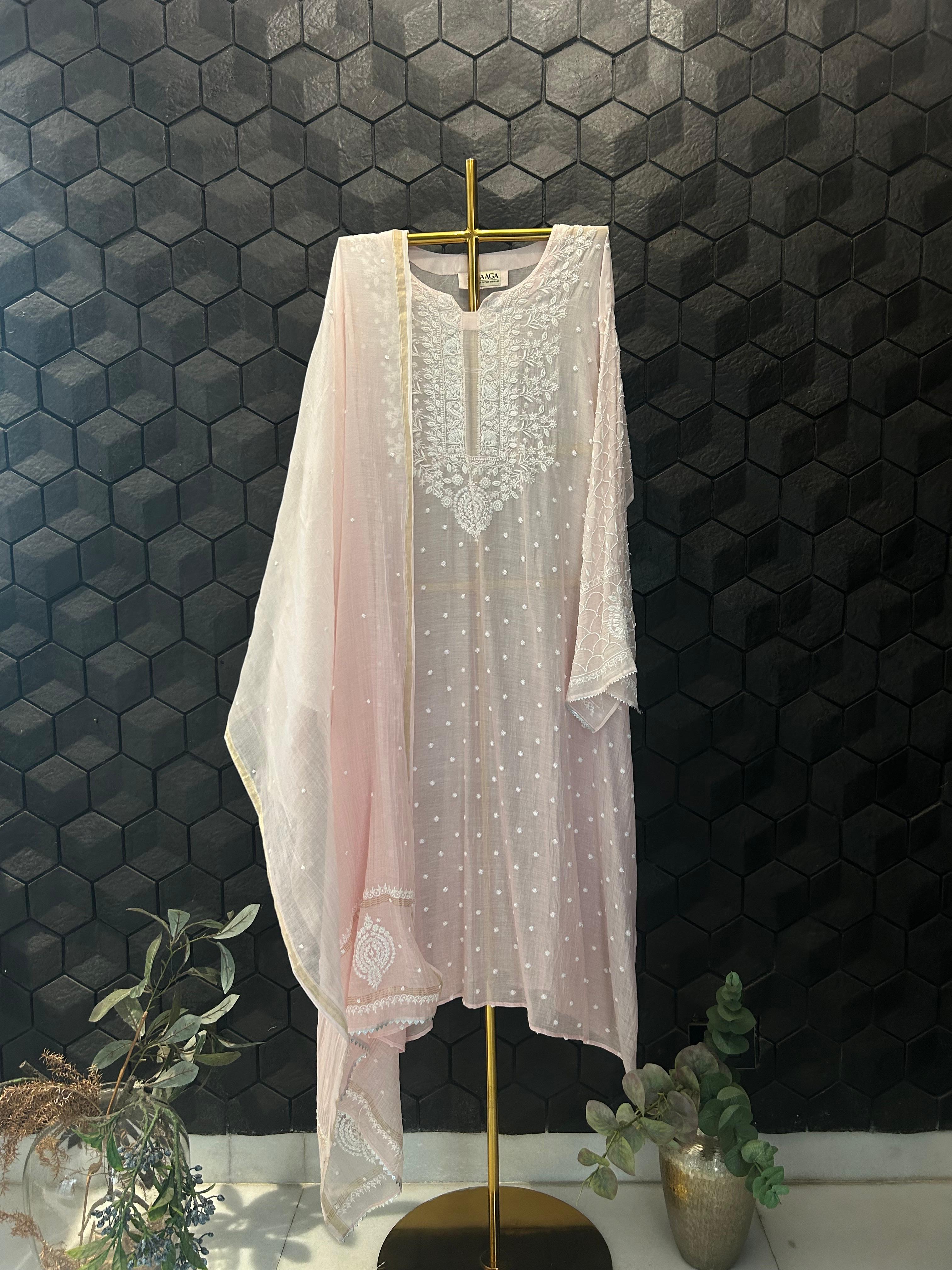 Pink mul chanderi chikankari kurta set
