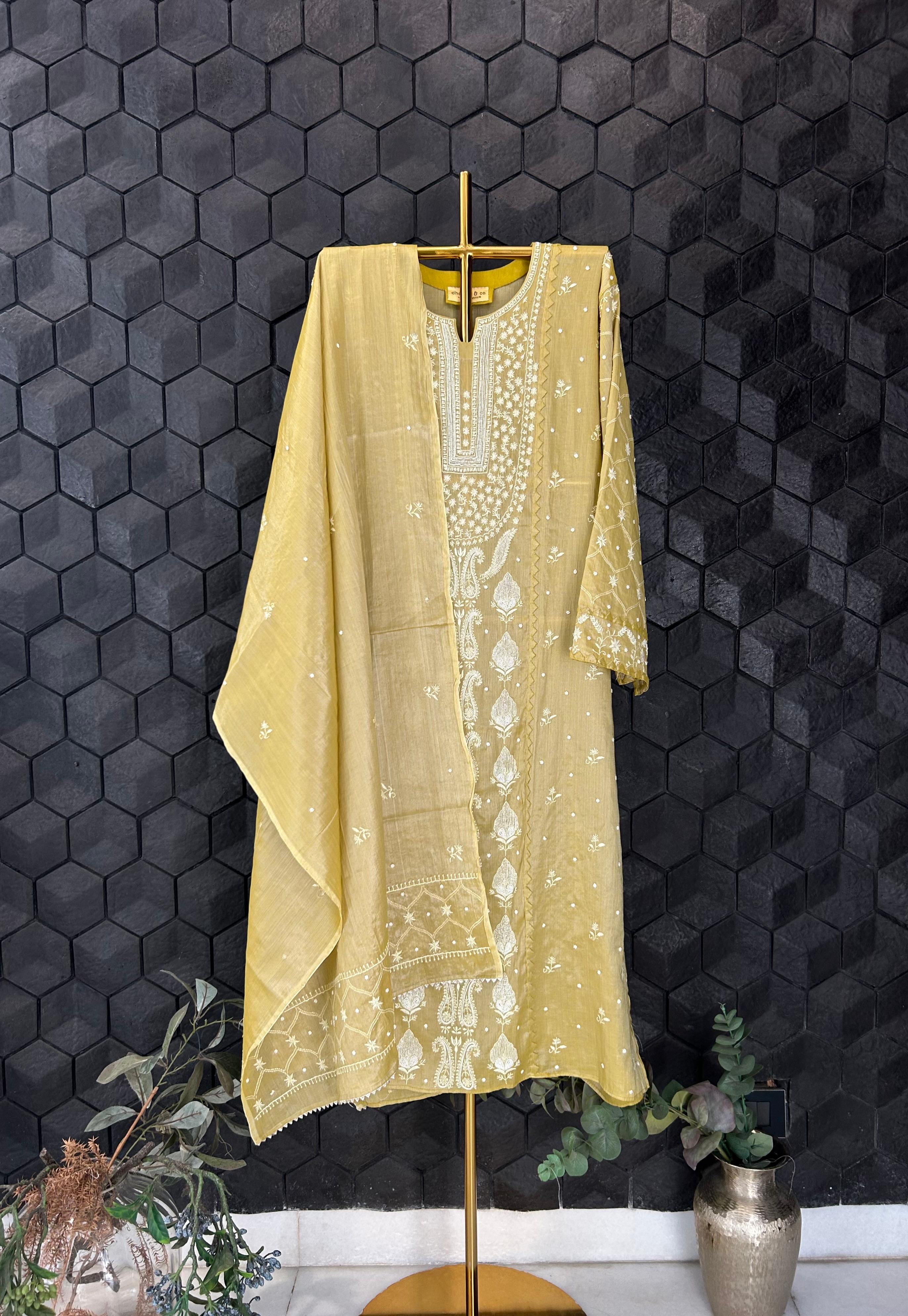 Lime green silver tissue chikankari kurta set