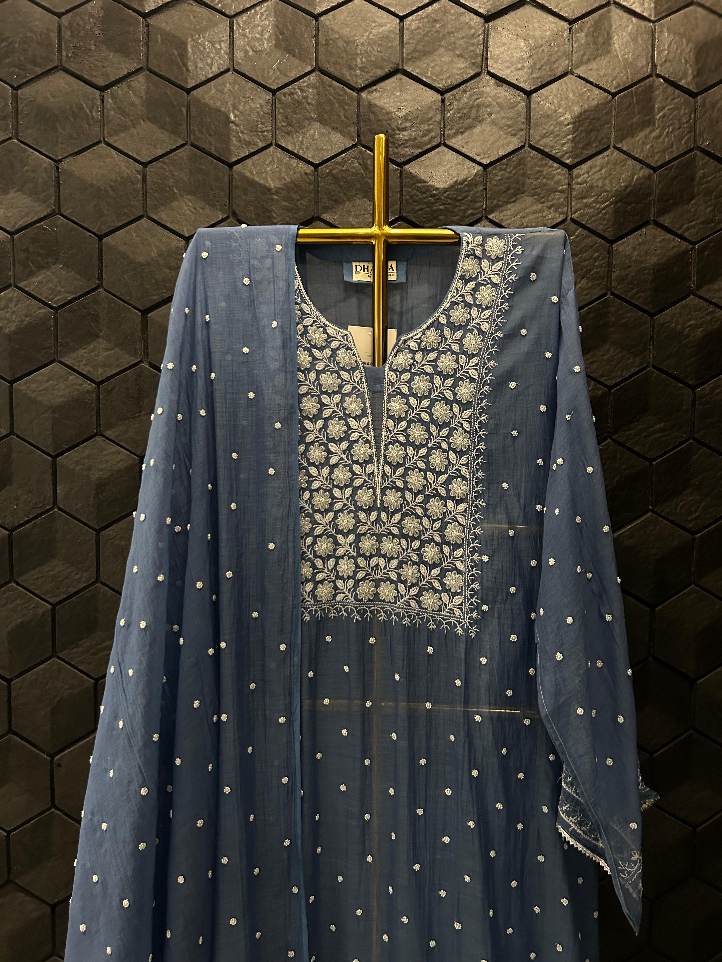 Cobalt blue mul chanderi chikankari kurta set