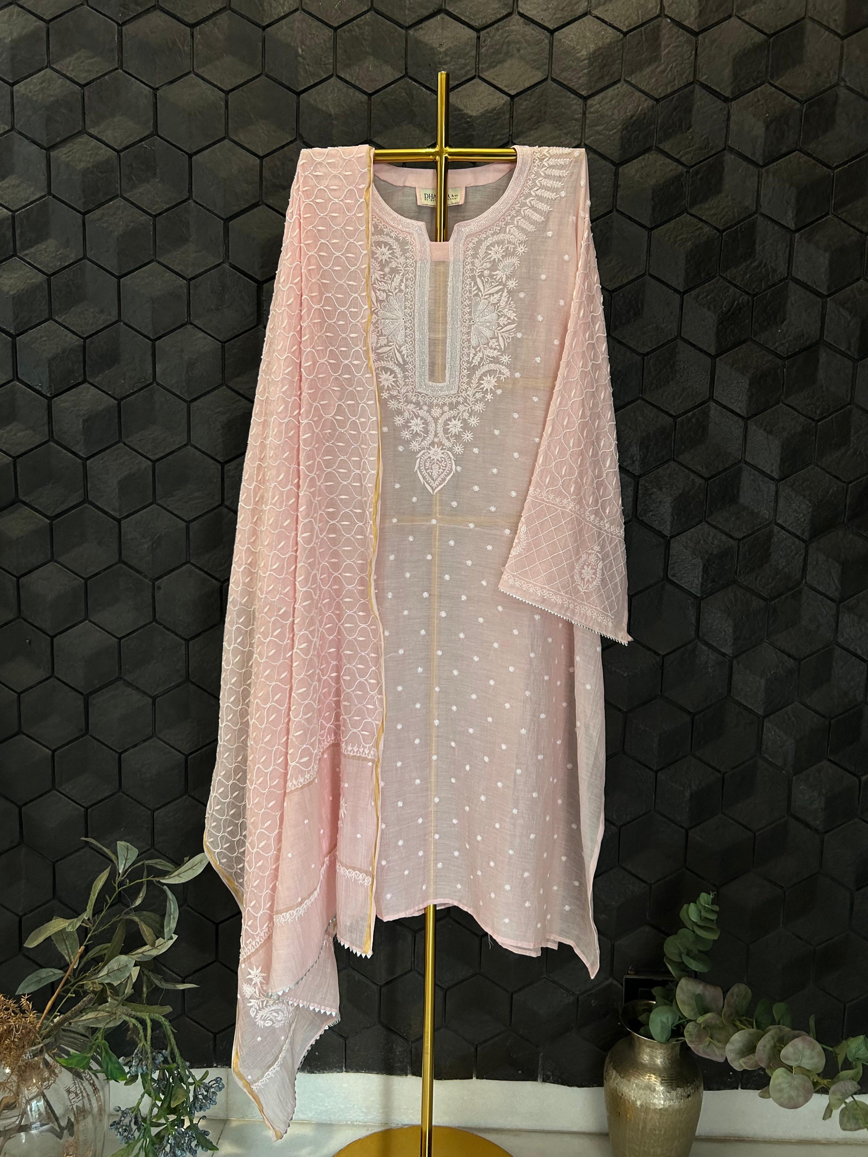 Pink mul chanderi chikankari kurta set