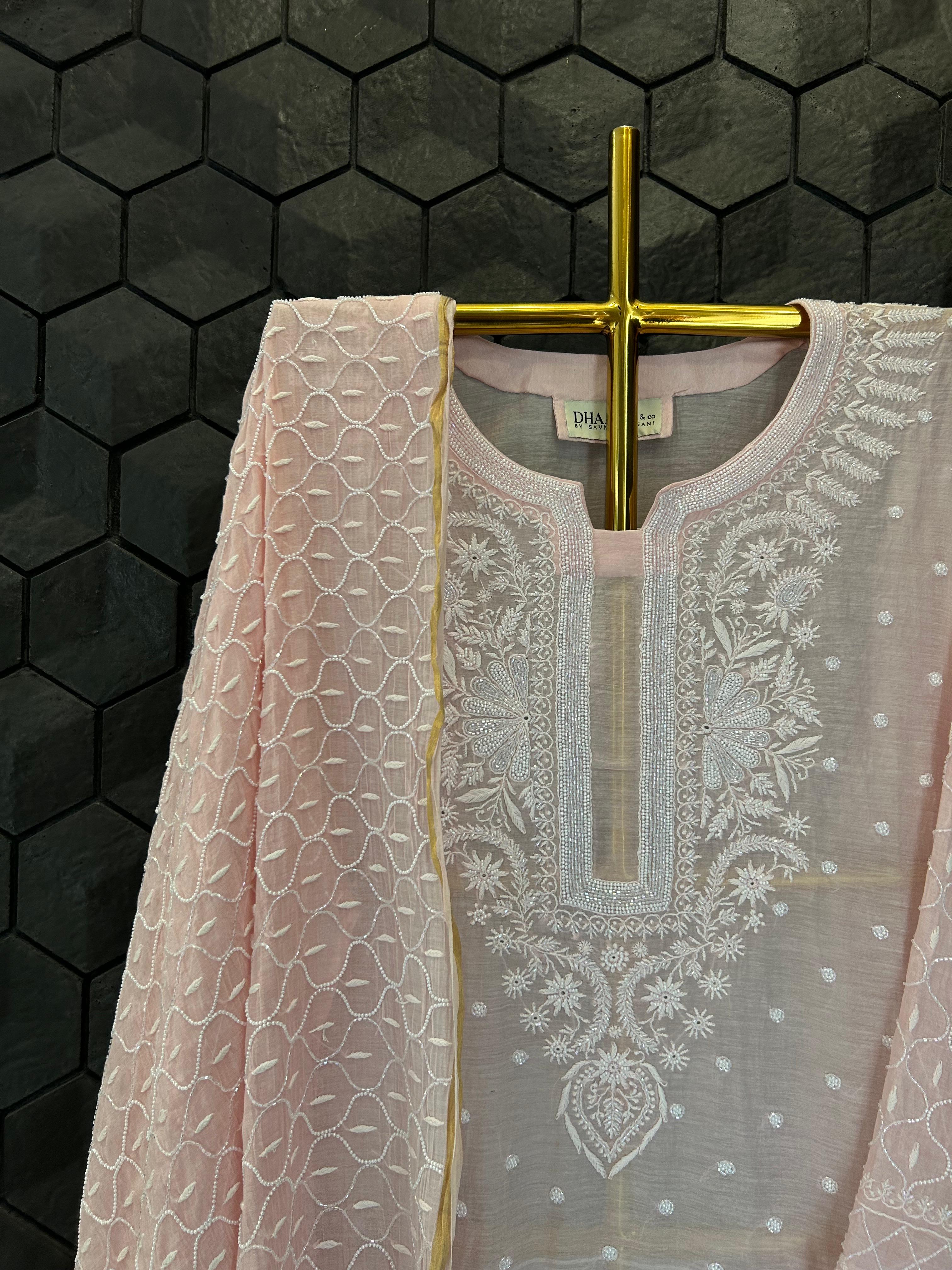 Pink mul chanderi chikankari kurta set