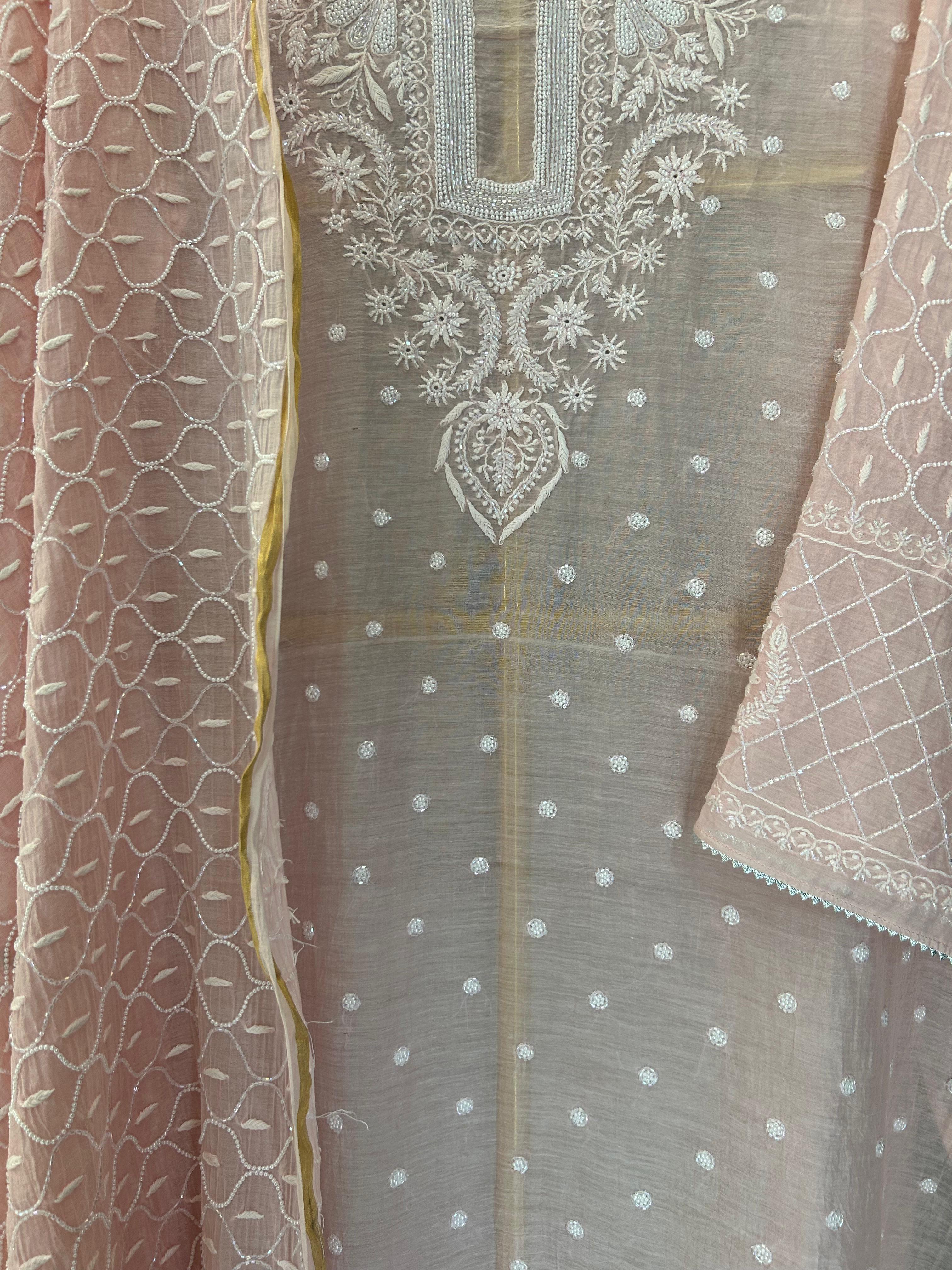 Pink mul chanderi chikankari kurta set