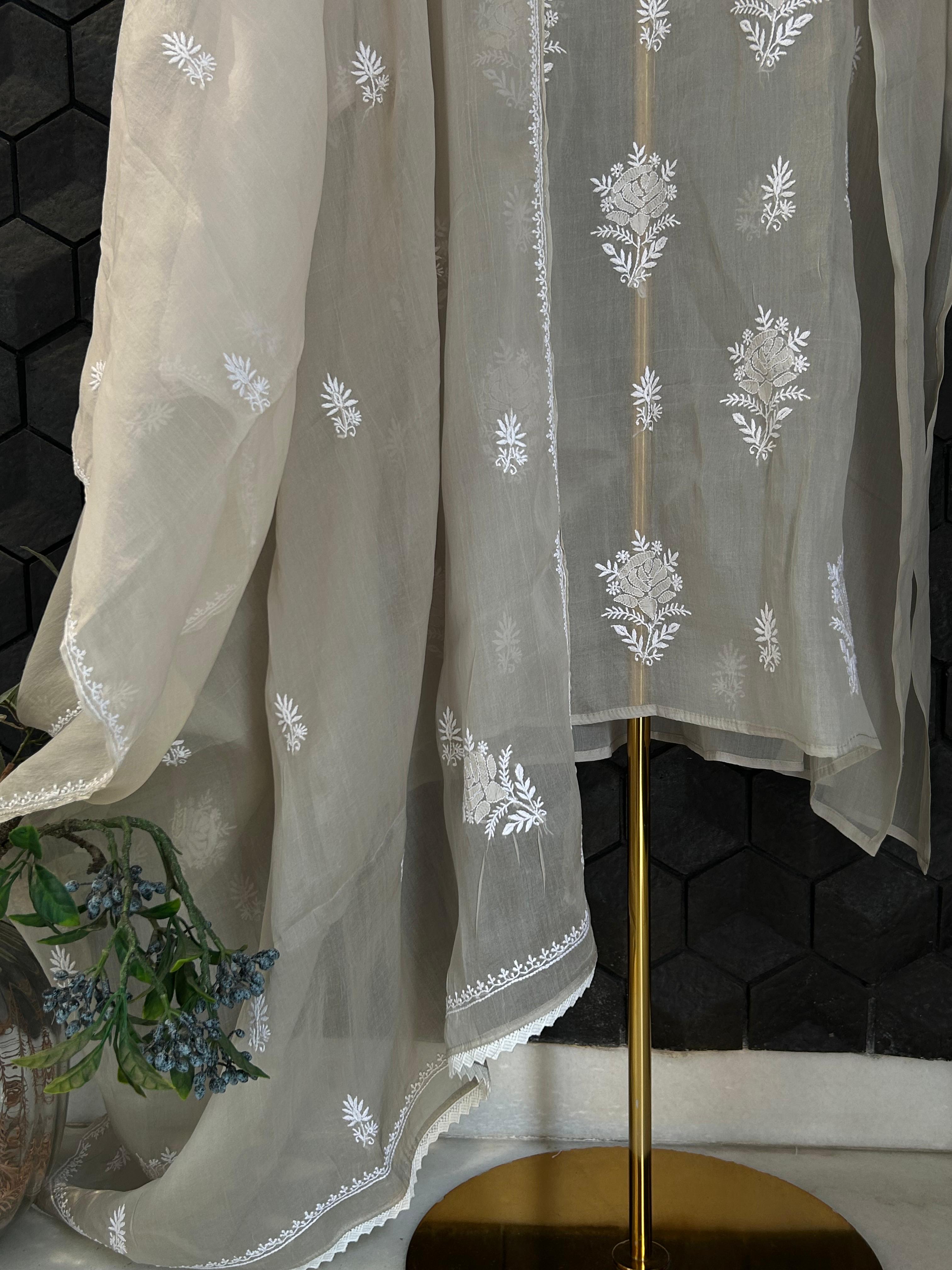 Brown organza chikankari kurta set