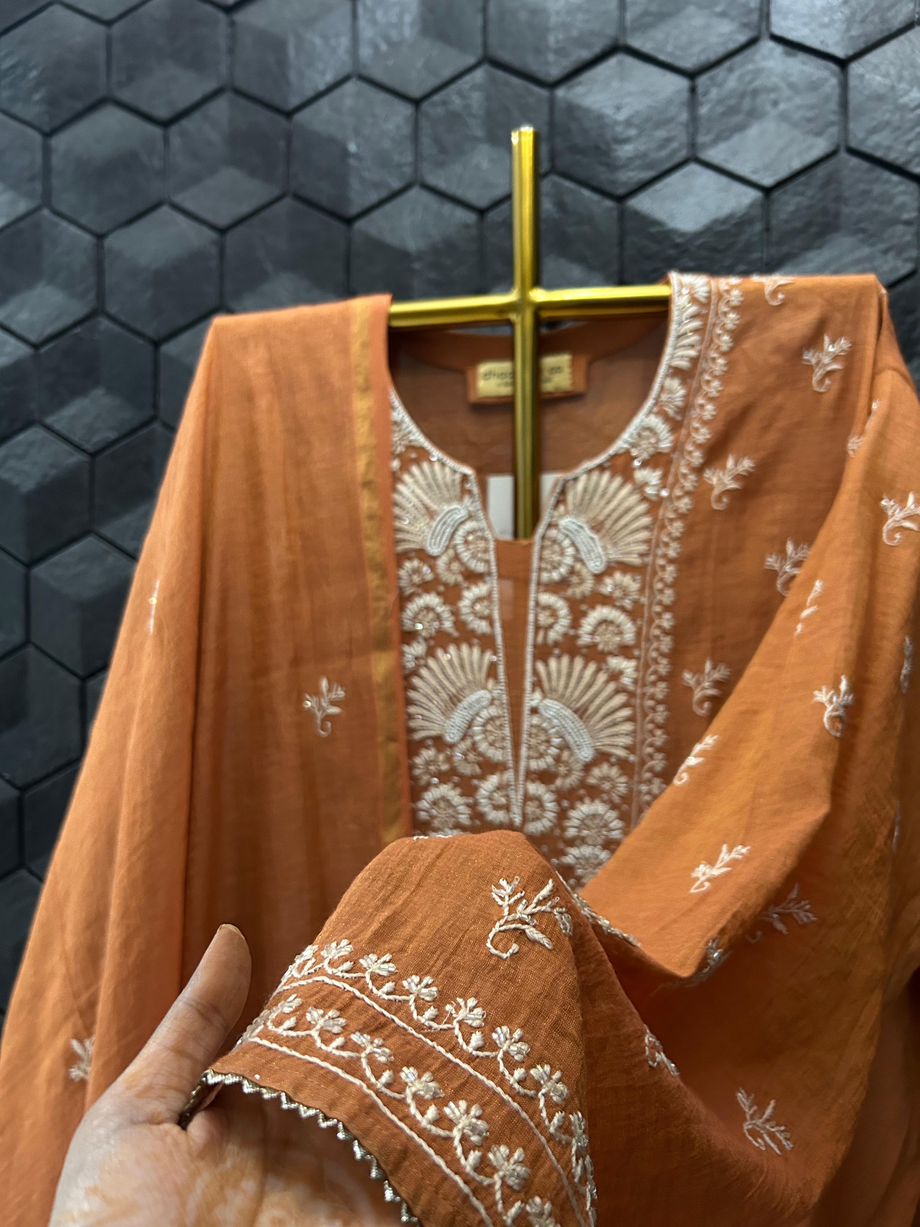 Rust tissue chikankari kurta set