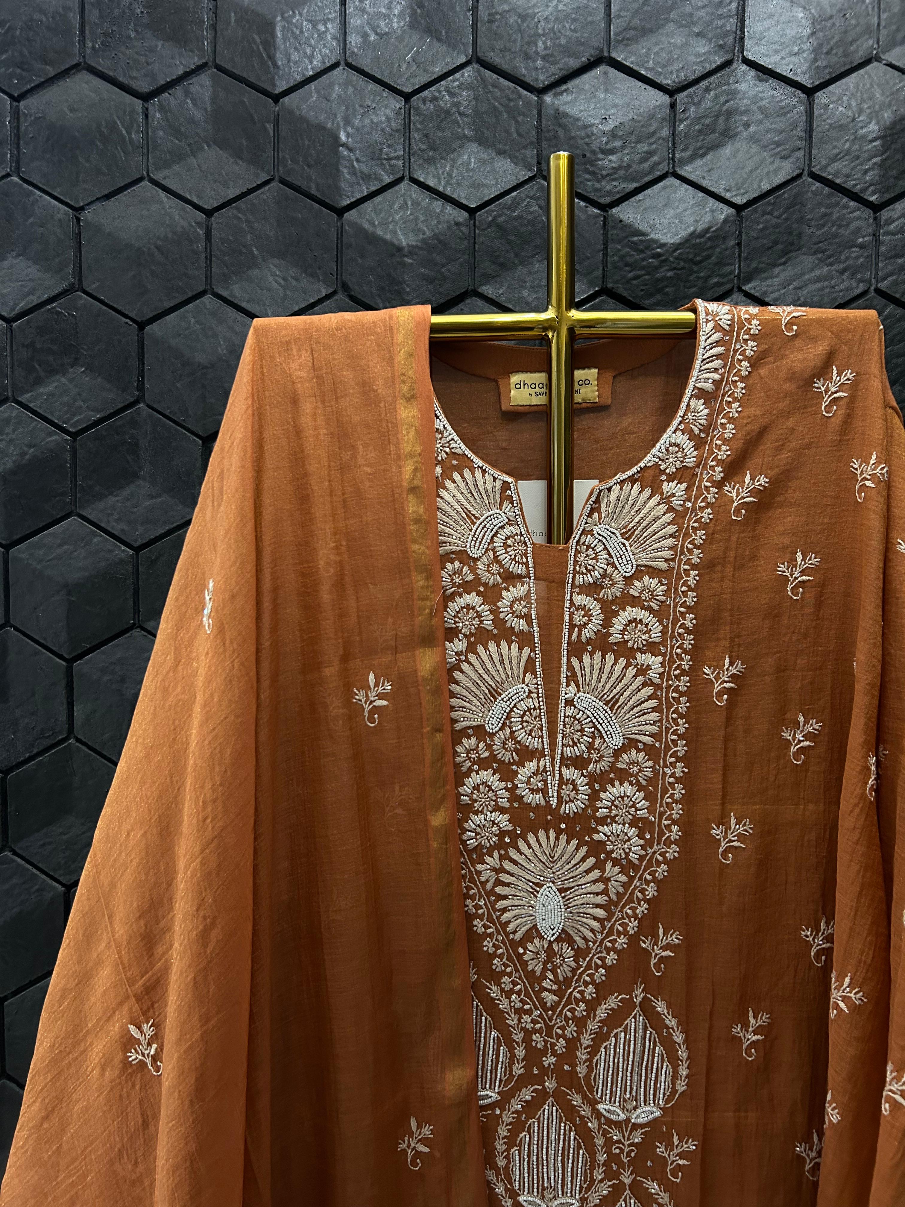 Rust tissue chikankari kurta set