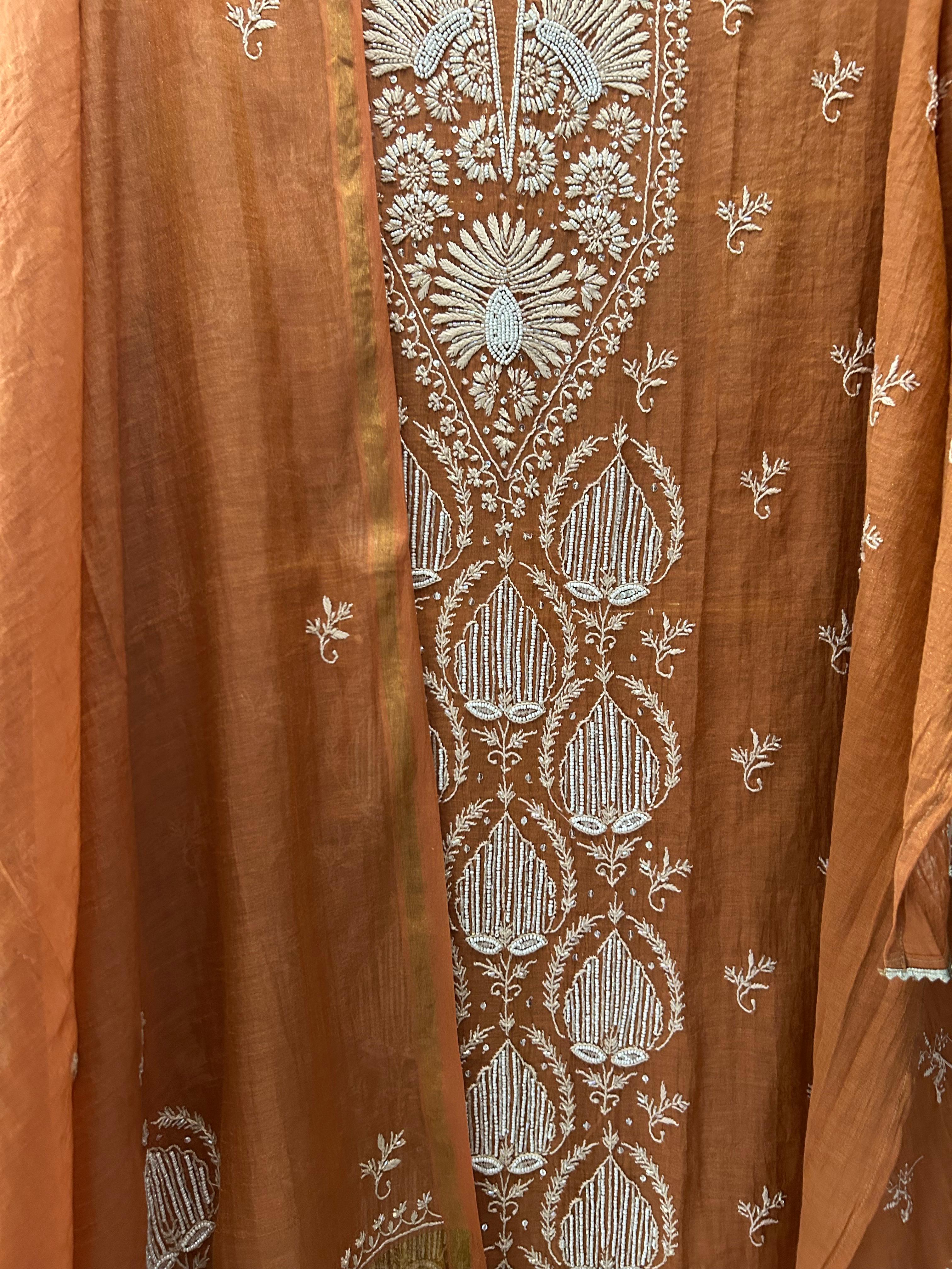 Rust tissue chikankari kurta set