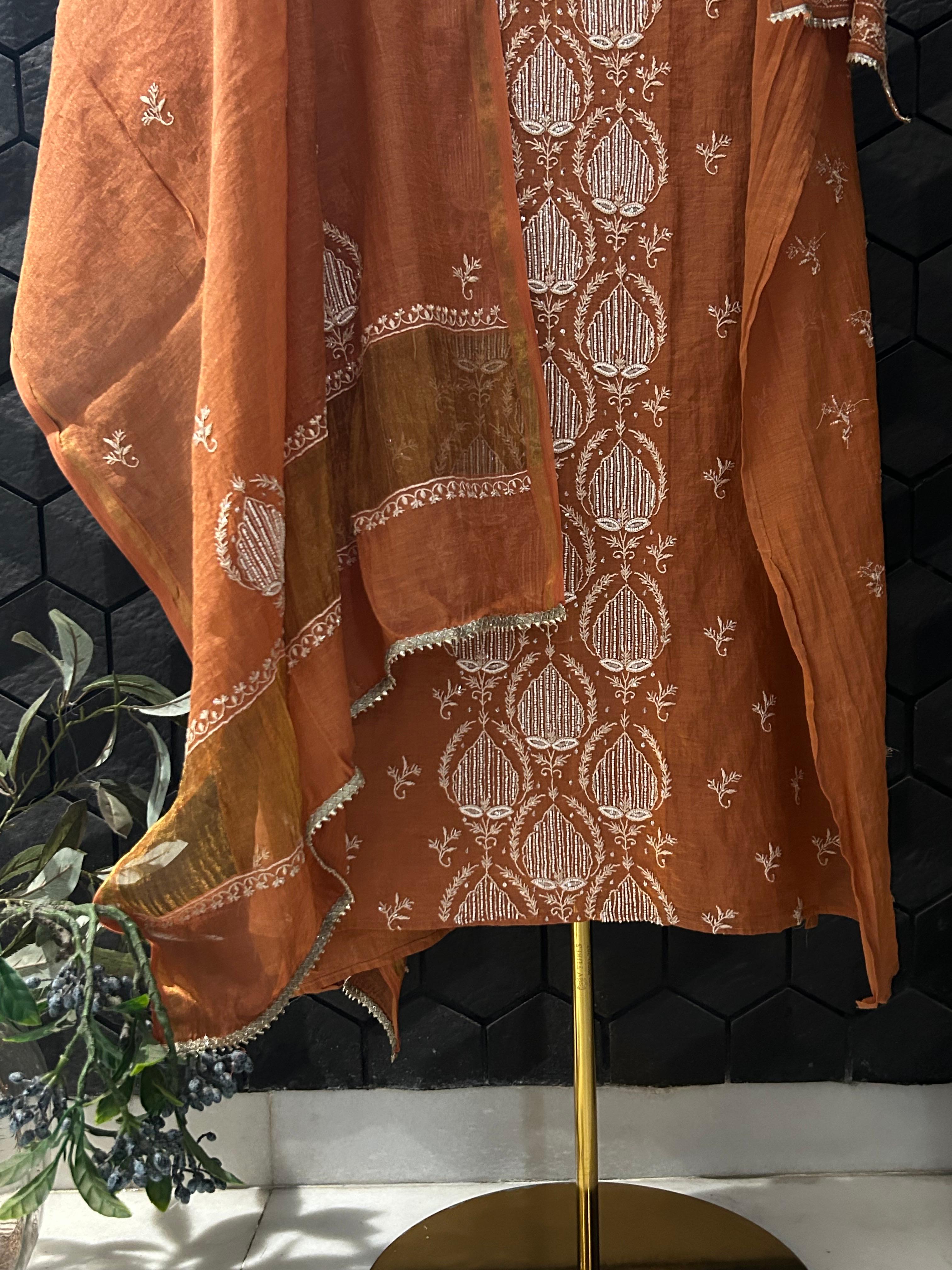 Rust tissue chikankari kurta set