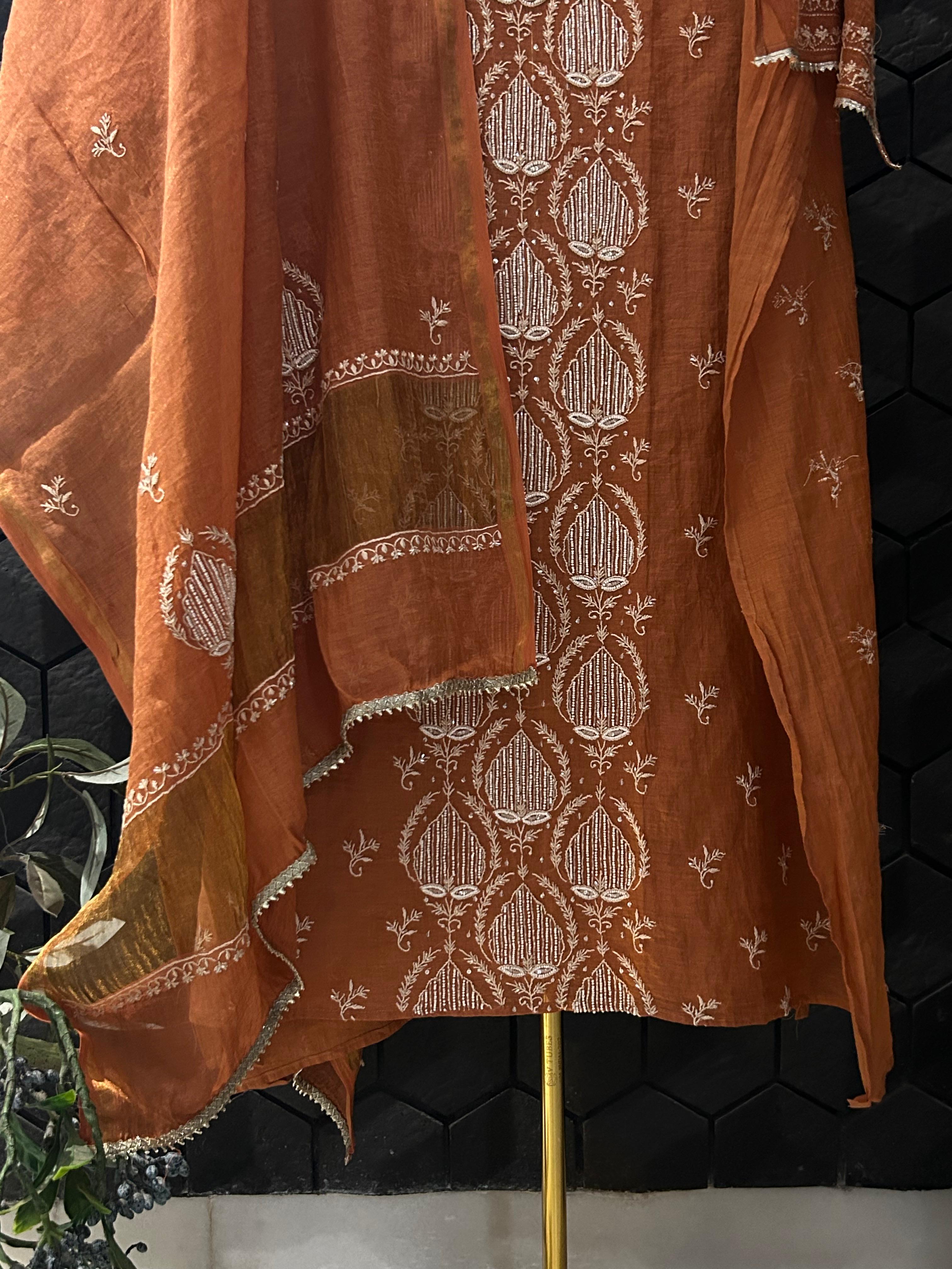 Rust tissue chikankari kurta set