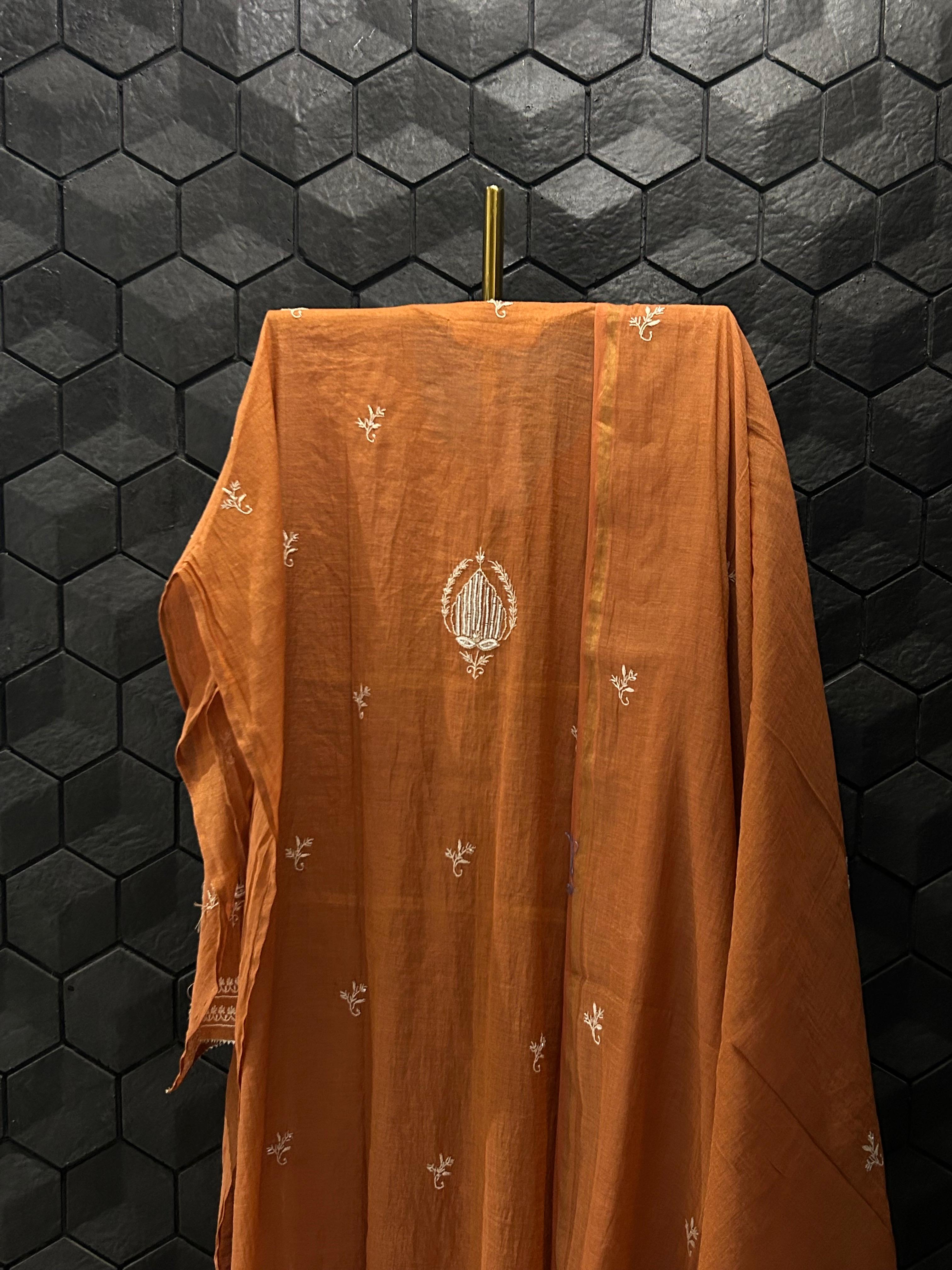 Rust tissue chikankari kurta set