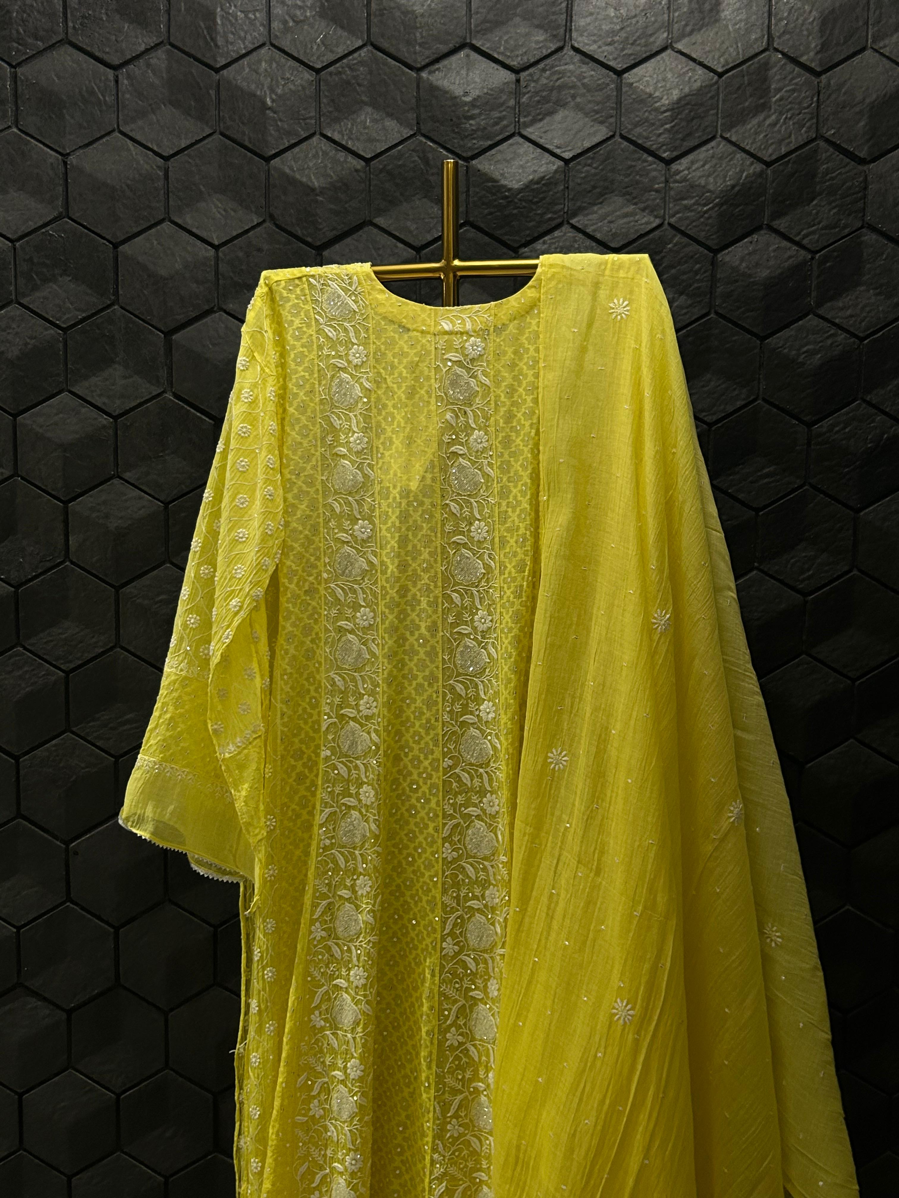 Lime green mul chanderi chikankari anarkali set