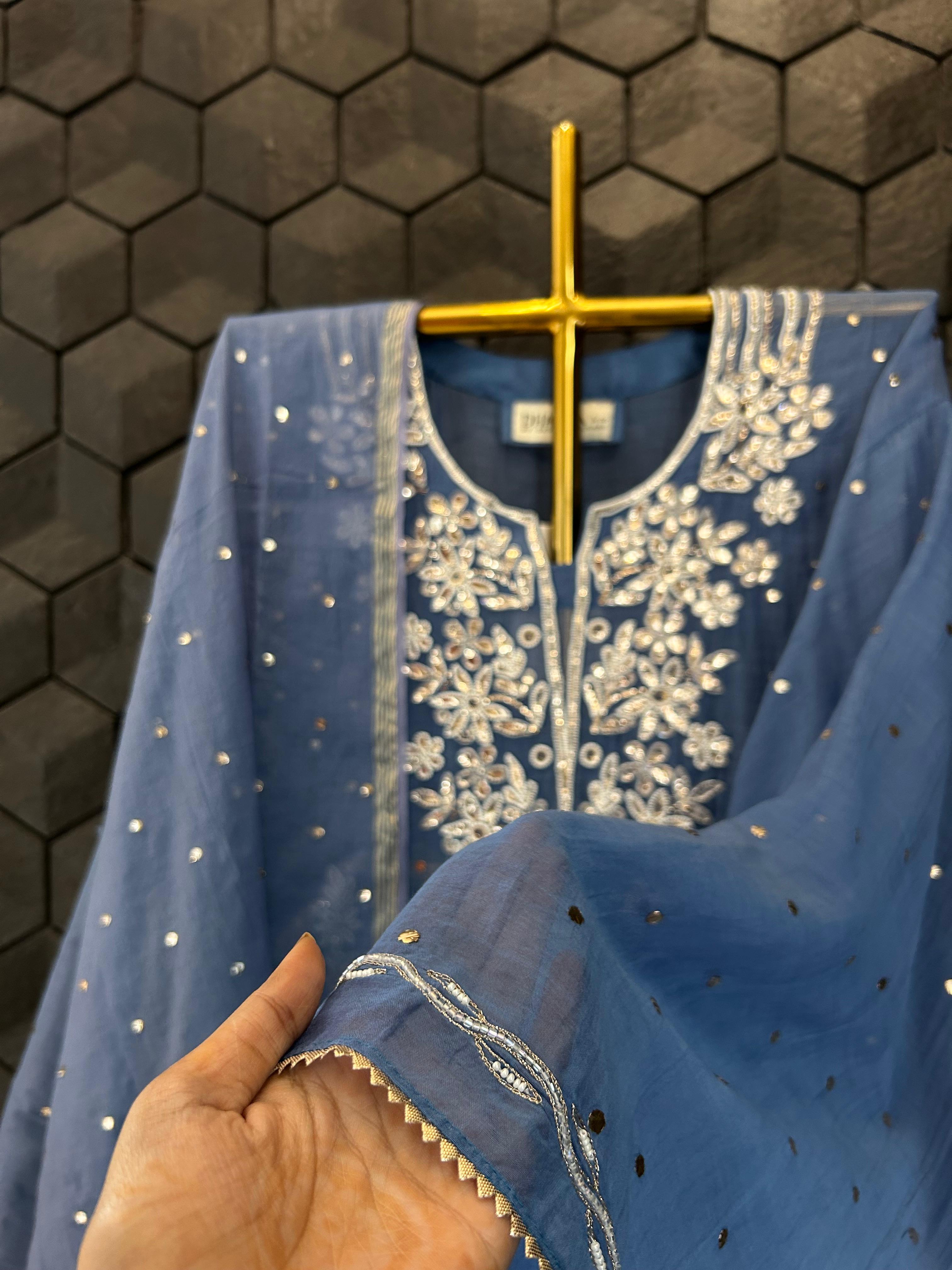 Blue mul chanderi chikankari kurta set