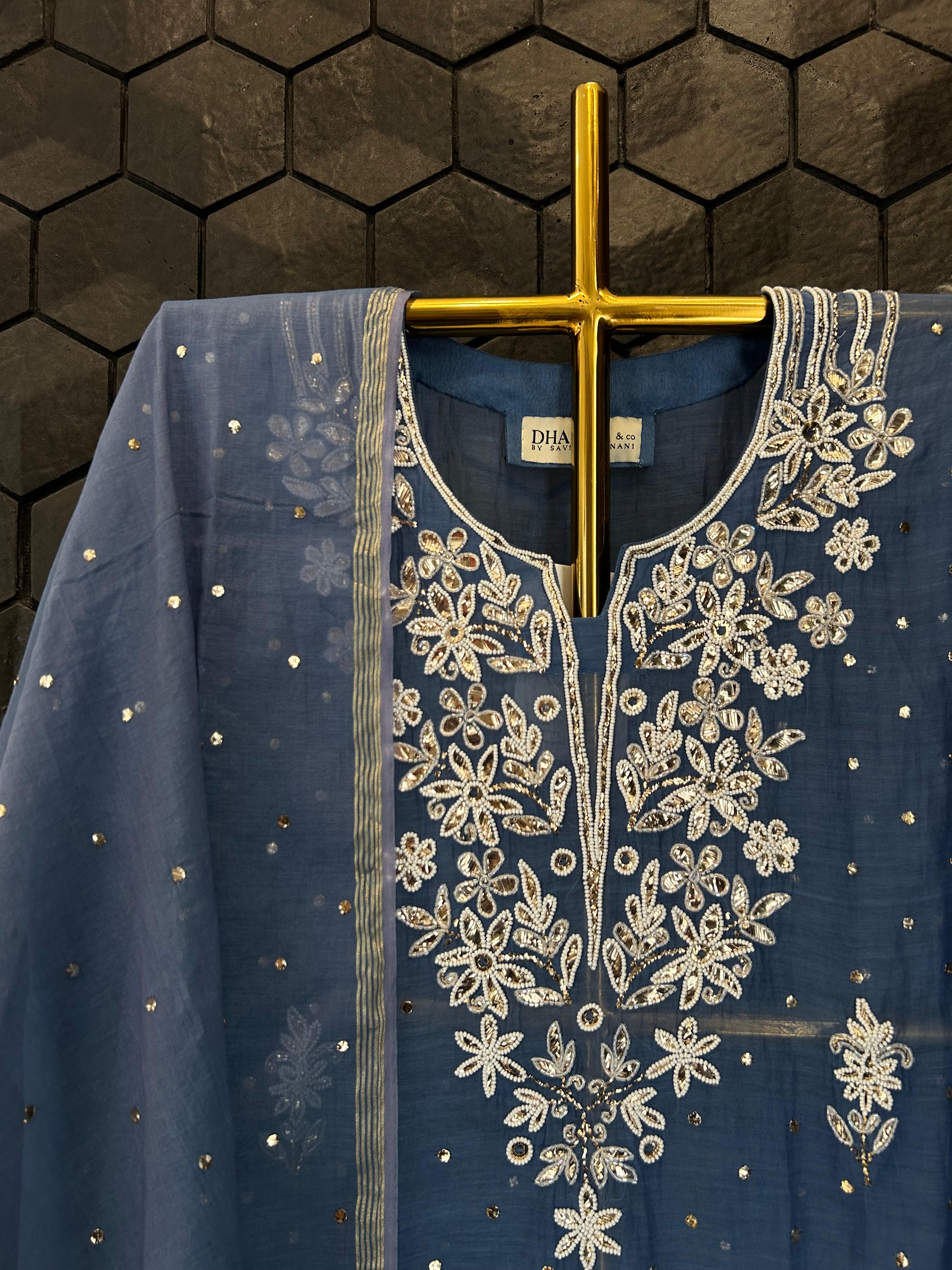 Blue mul chanderi chikankari kurta set