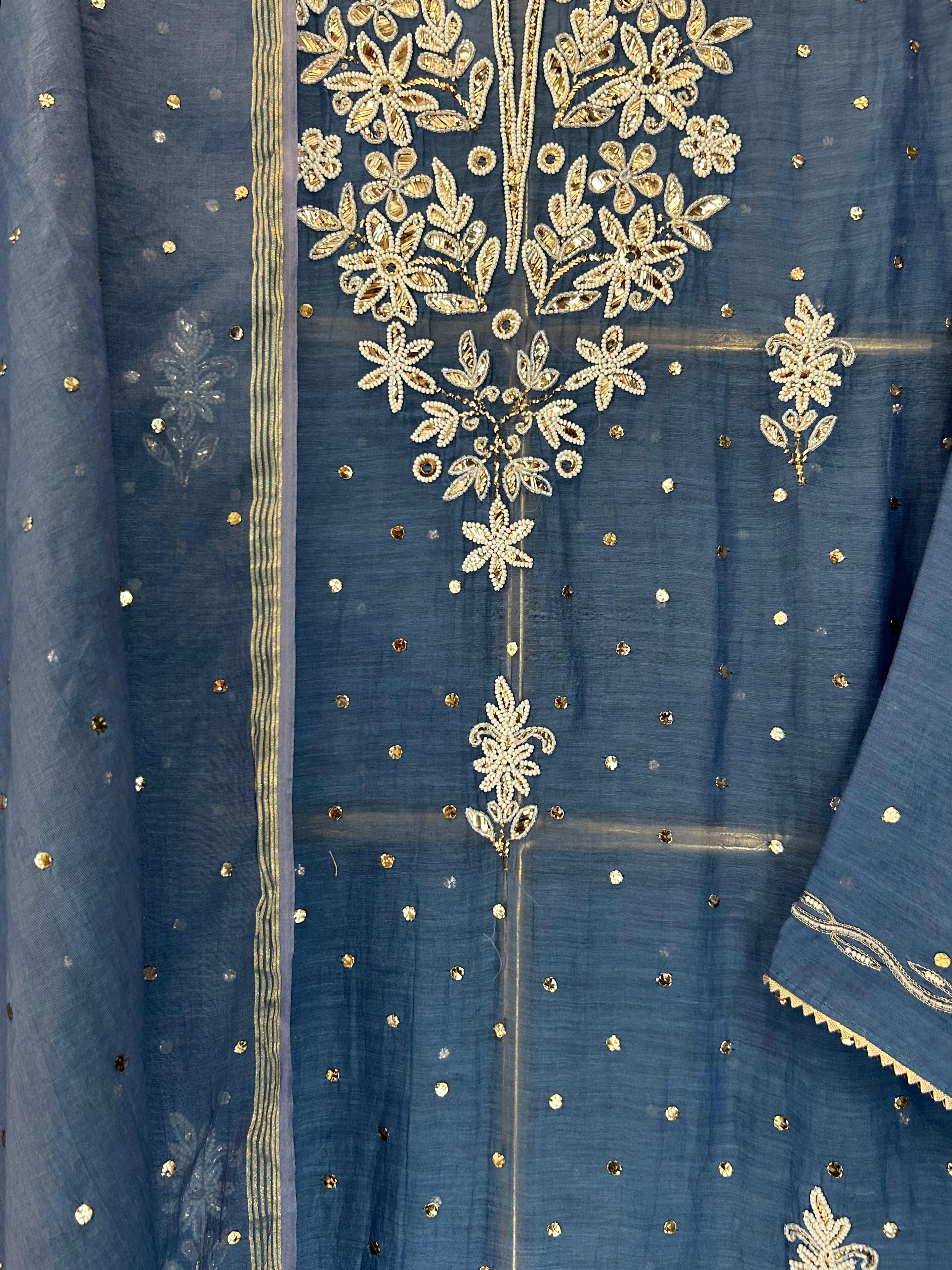 Blue mul chanderi chikankari kurta set