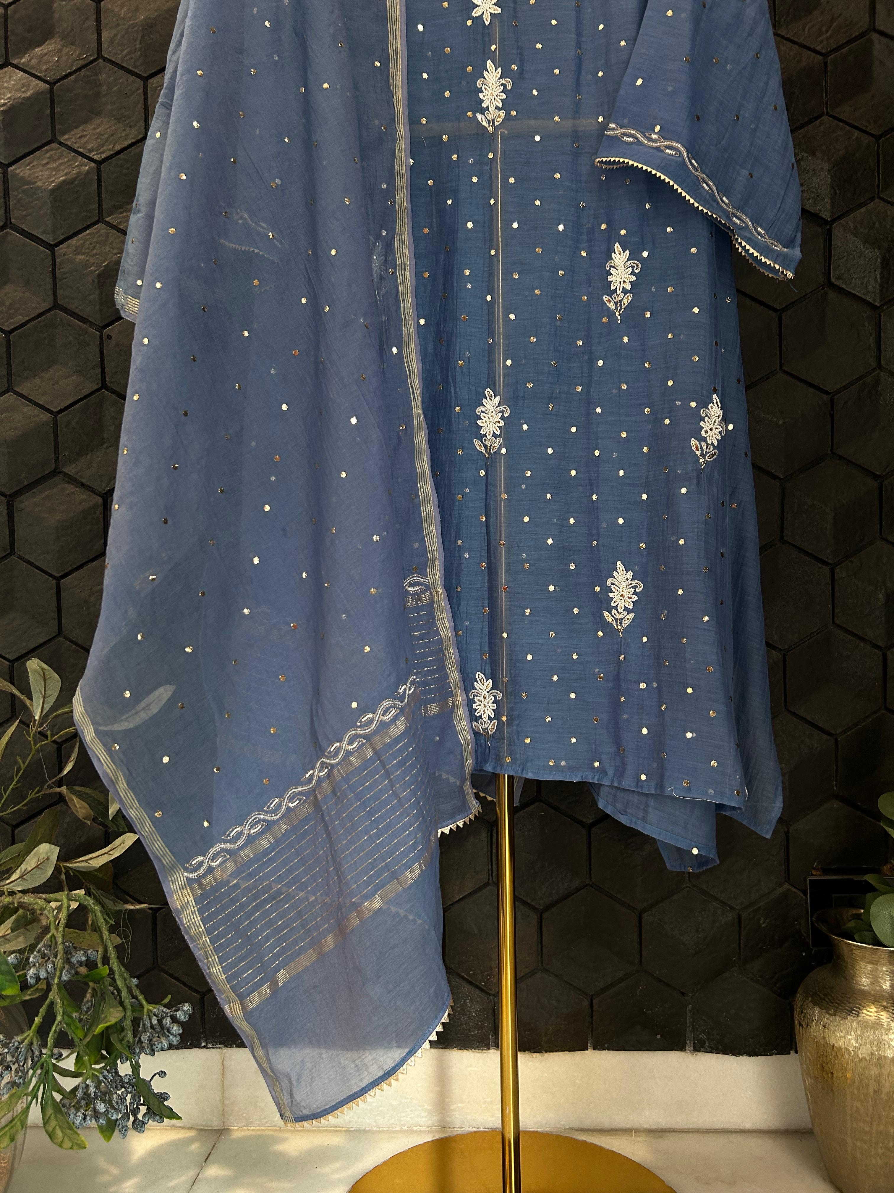 Blue mul chanderi chikankari kurta set