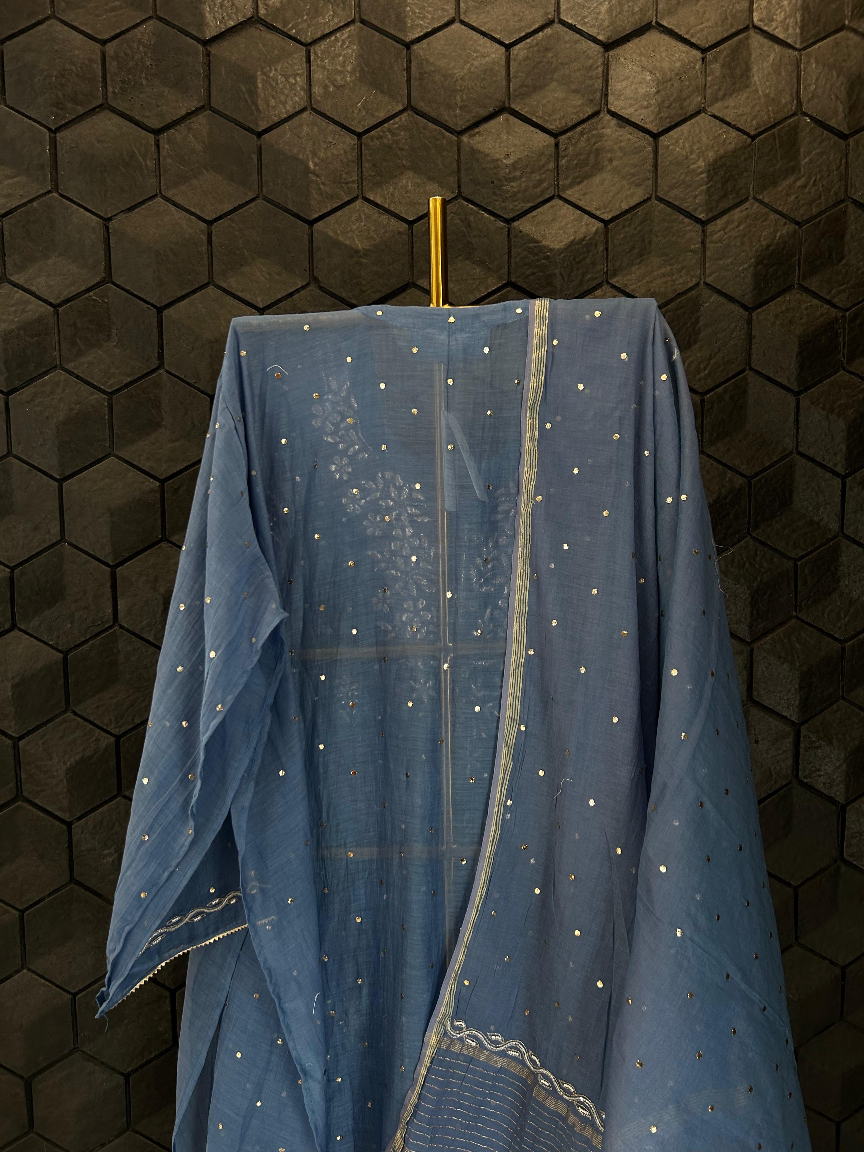 Blue mul chanderi chikankari kurta set