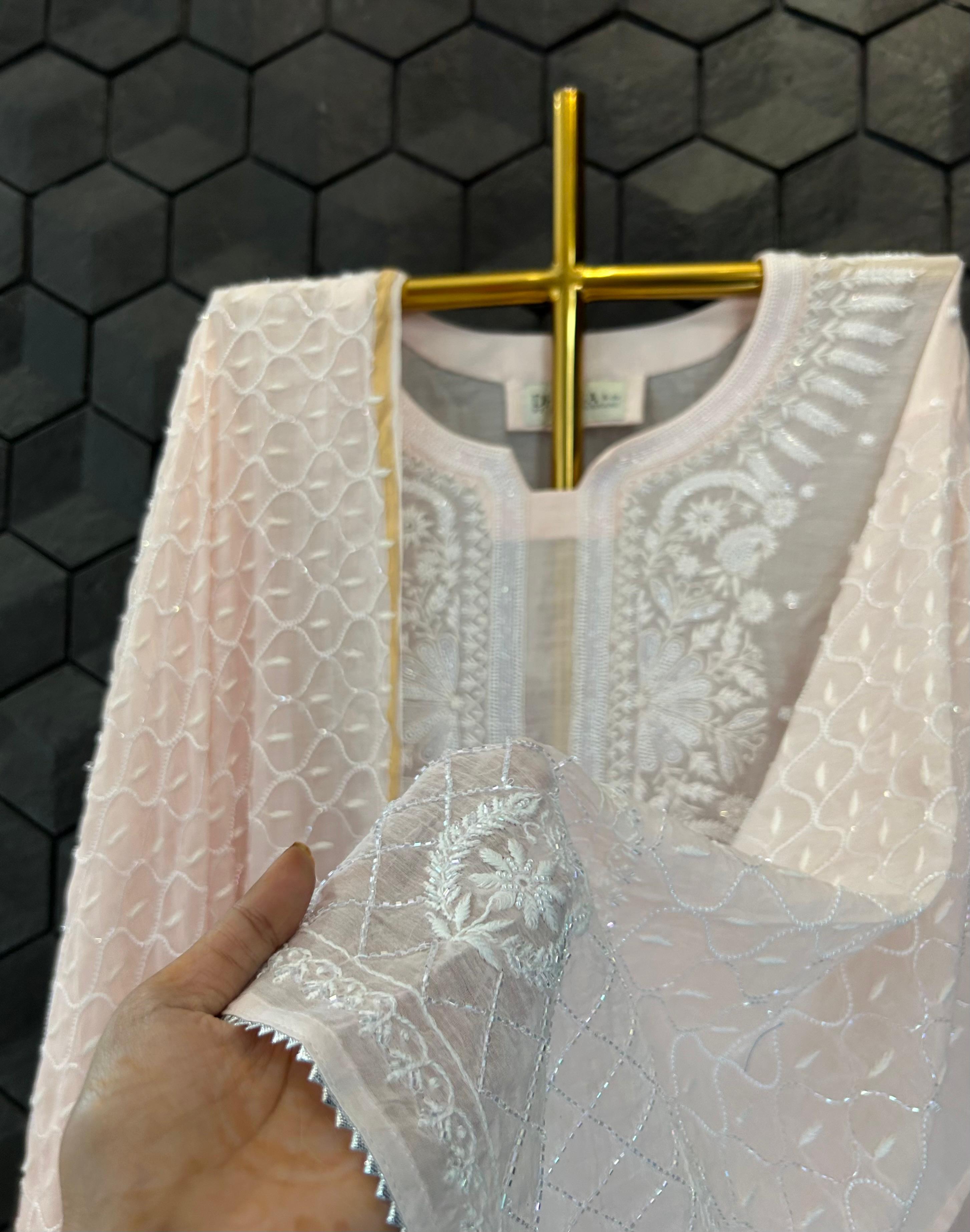 Pink Mul chanderi chikankari kurta set
