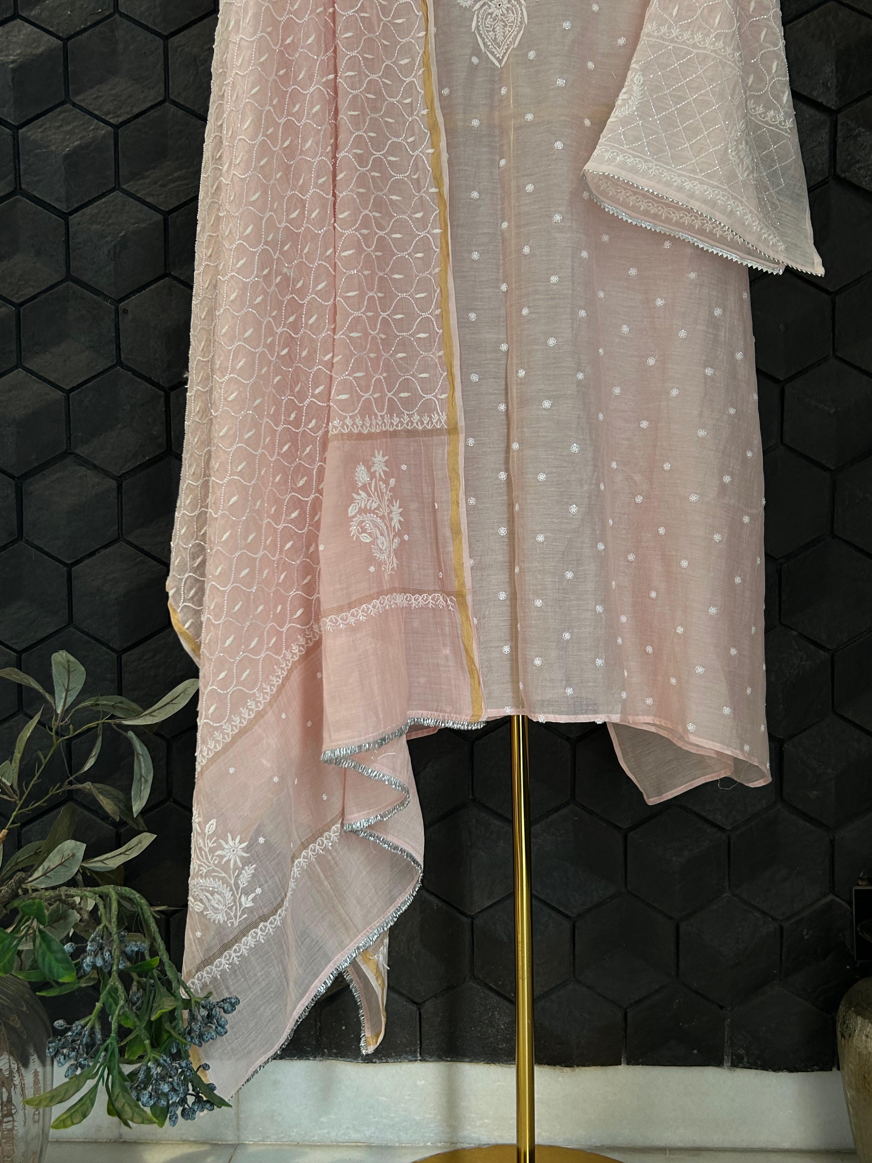 Pink Mul chanderi chikankari kurta set