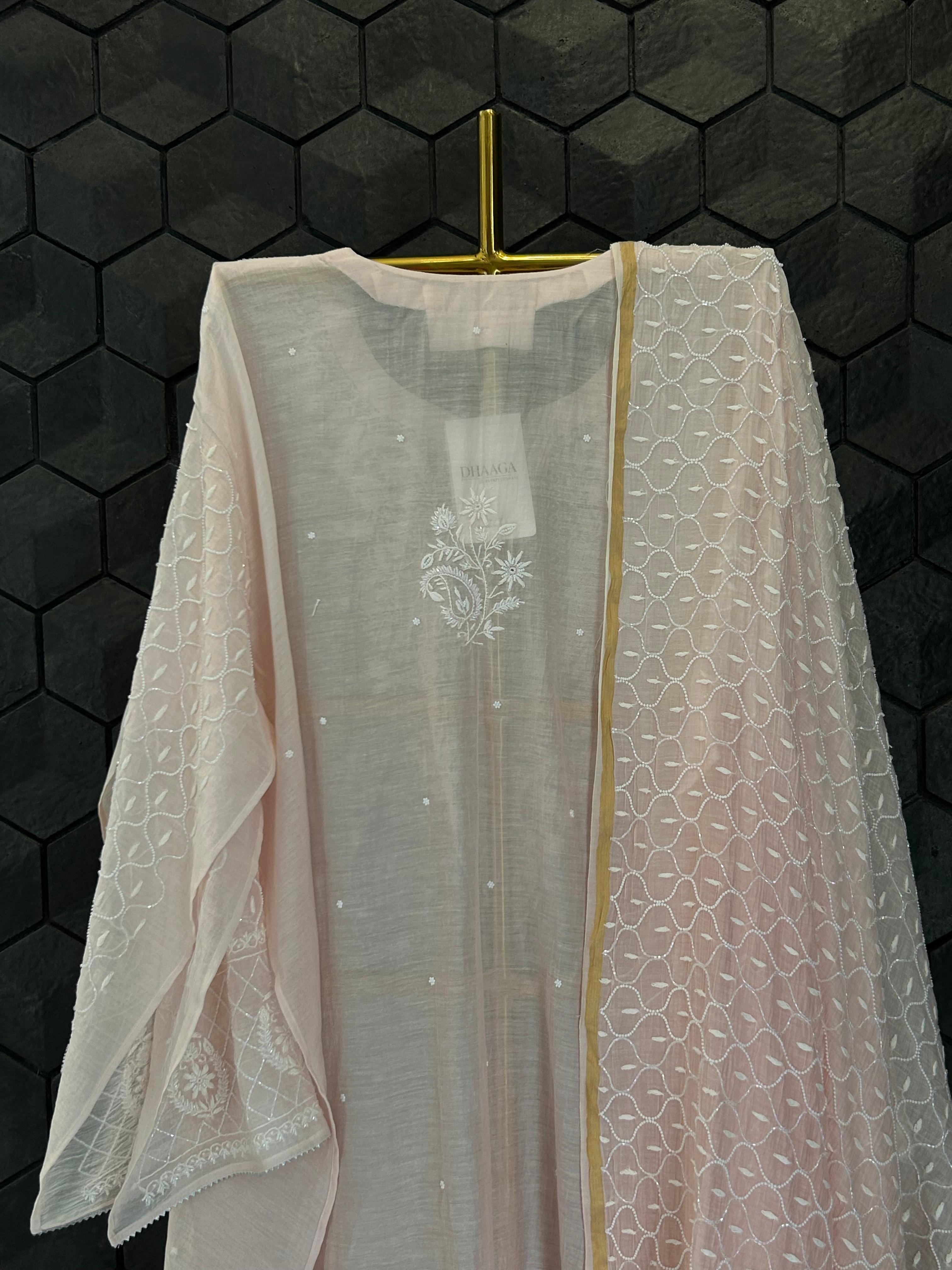 Pink Mul chanderi chikankari kurta set