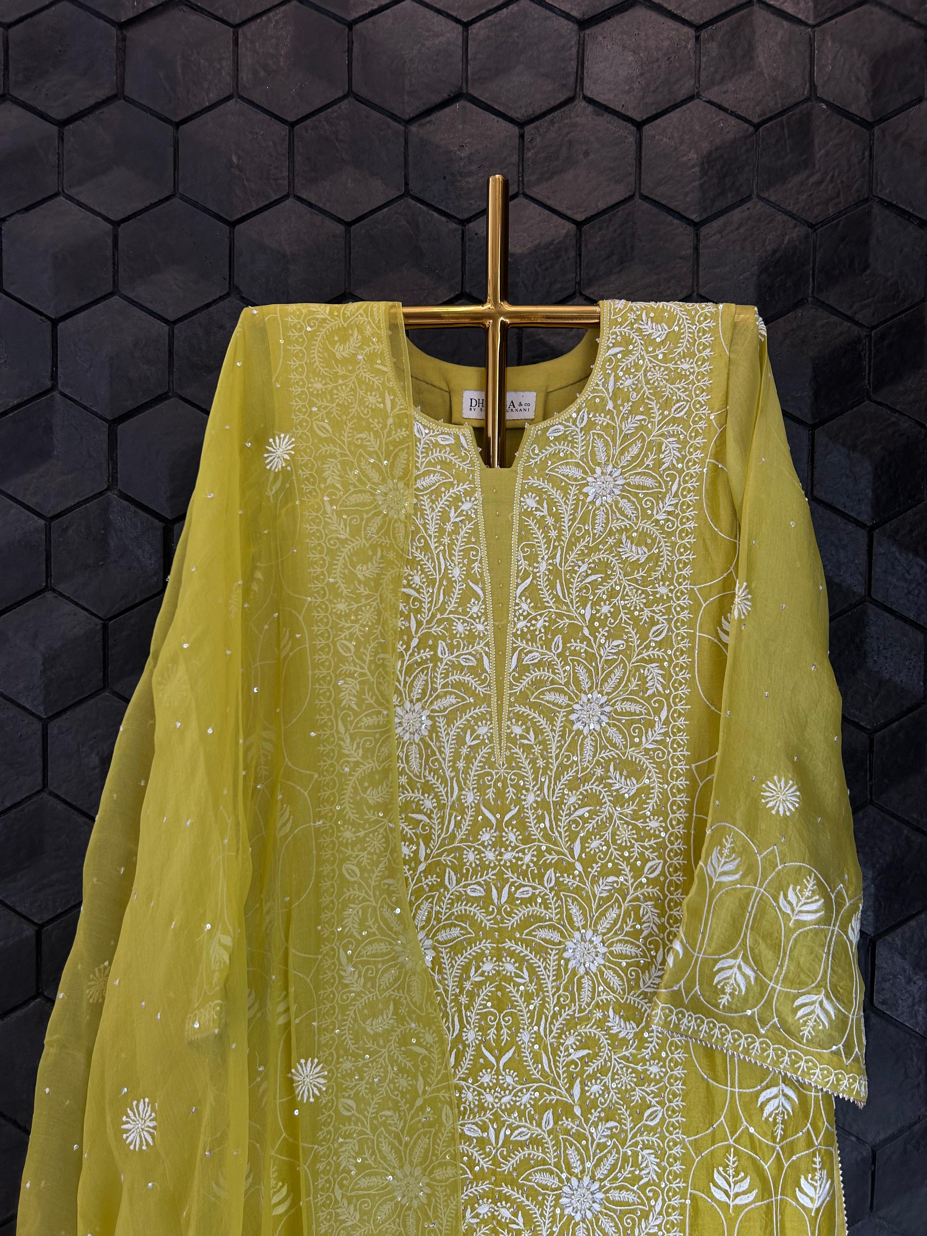 Lime green organza chikankari kurta set